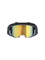 Gafas Alpinestars Supertech Vision Vista, gafas de motocross, Black Mirror Gold, vista frontal con lente de espejo dorada y montura oscura, gafas de competición profesional para off-road con el texto 'ONE GOAL. ONE VISION.' y detalles del logotipo.