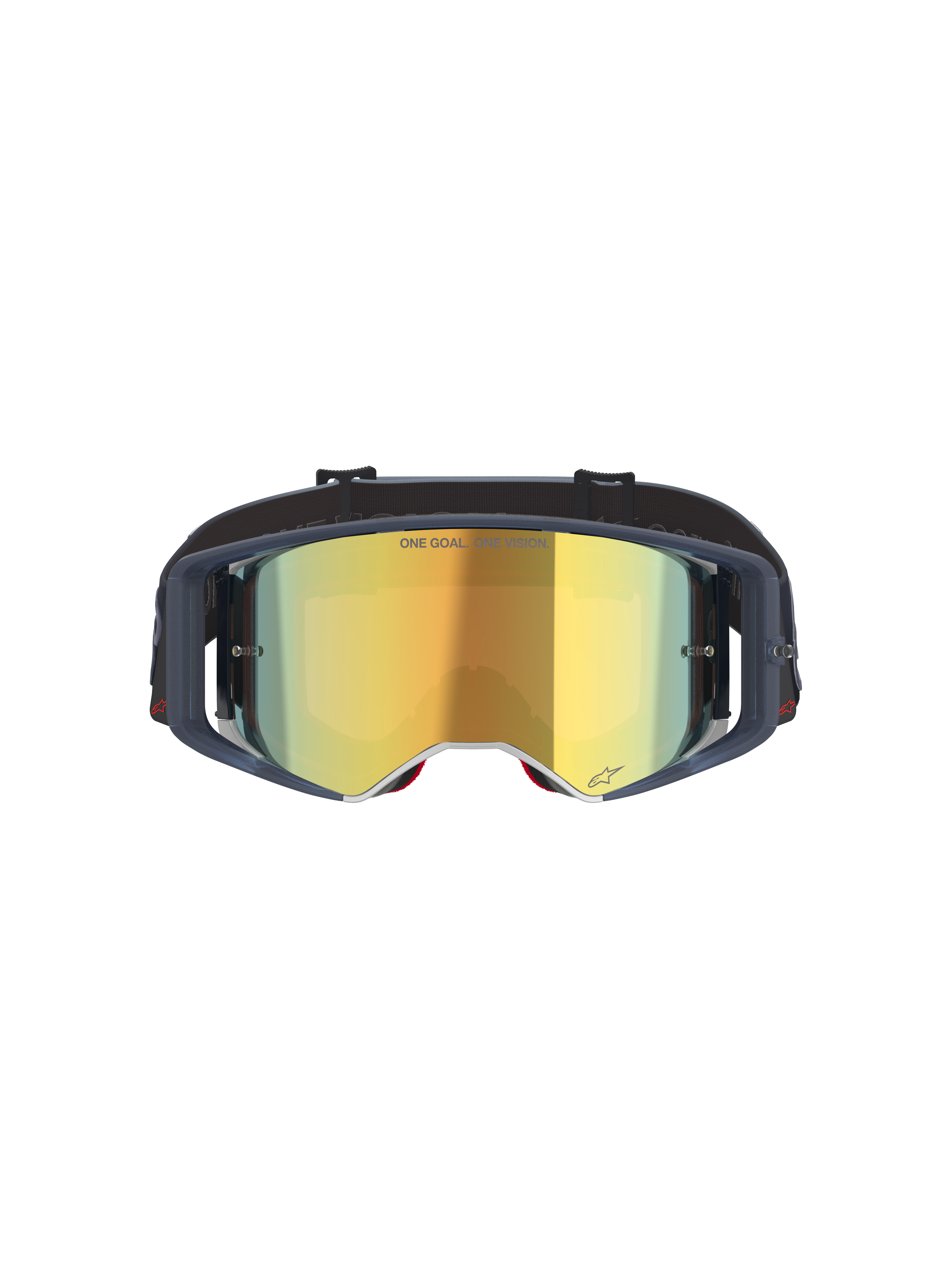 Gafas Alpinestars Supertech Vision Vista, gafas de motocross, Black Mirror Gold, vista frontal con lente de espejo dorada y montura oscura, gafas de competición profesional para off-road con el texto 'ONE GOAL. ONE VISION.' y detalles del logotipo.