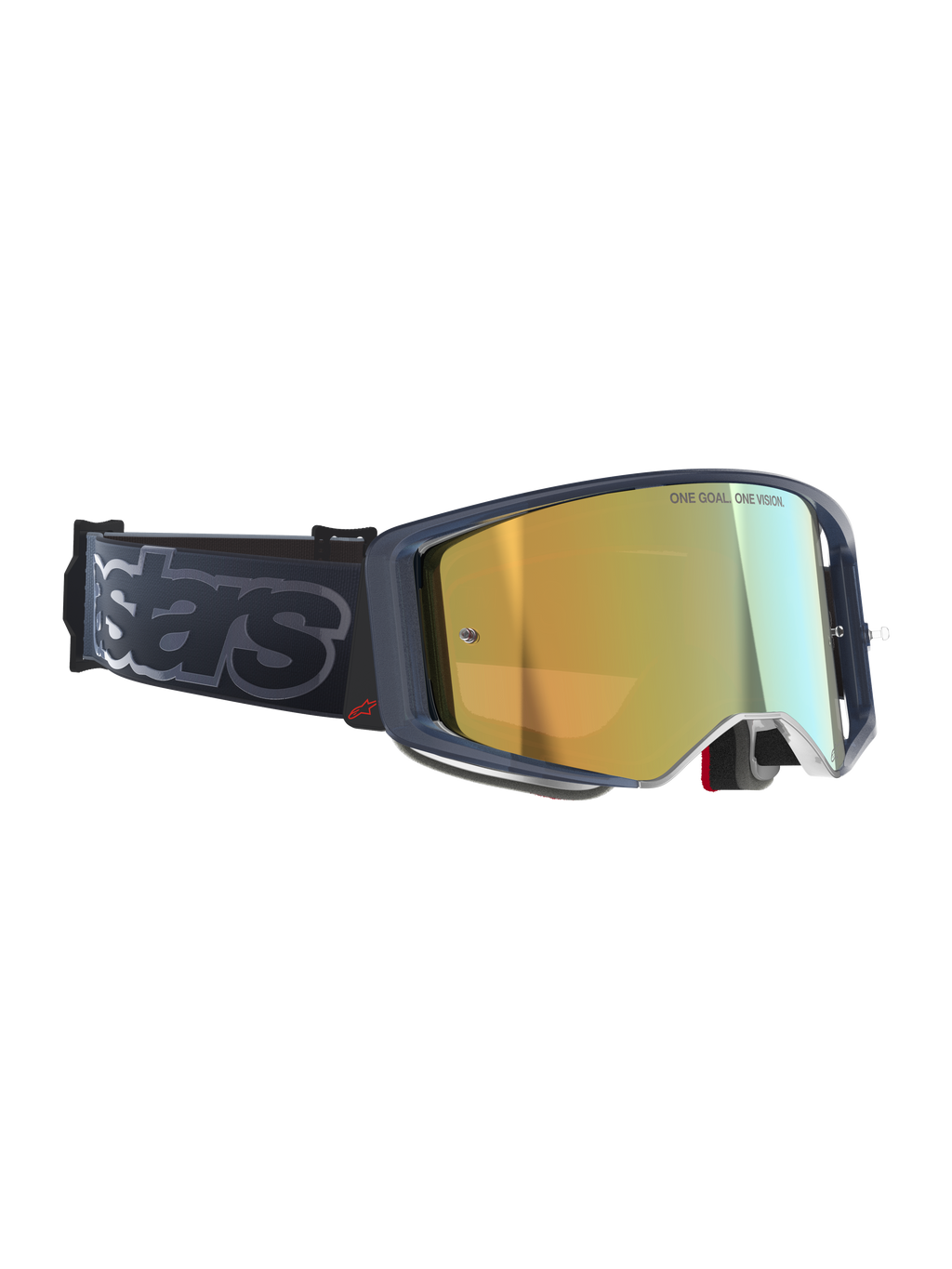Gafas Alpinestars Supertech Vision Vista, gafas de motocross, Black Mirror Gold, lente de espejo dorada con la inscripción 'ONE GOAL. ONE VISION.', montura oscura con detalles del logo en rojo, correa negra ancha con marca 'stars' en gris, protección ocular de alto rendimiento para off-road