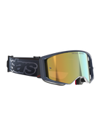 Gafas Alpinestars Supertech Vision Vista, gafas de motocross, Black Mirror Gold, lente de espejo dorada con la inscripción 'ONE GOAL. ONE VISION.', montura oscura con detalles del logo en rojo, correa negra ancha con marca 'stars' en gris, protección ocular de alto rendimiento para off-road