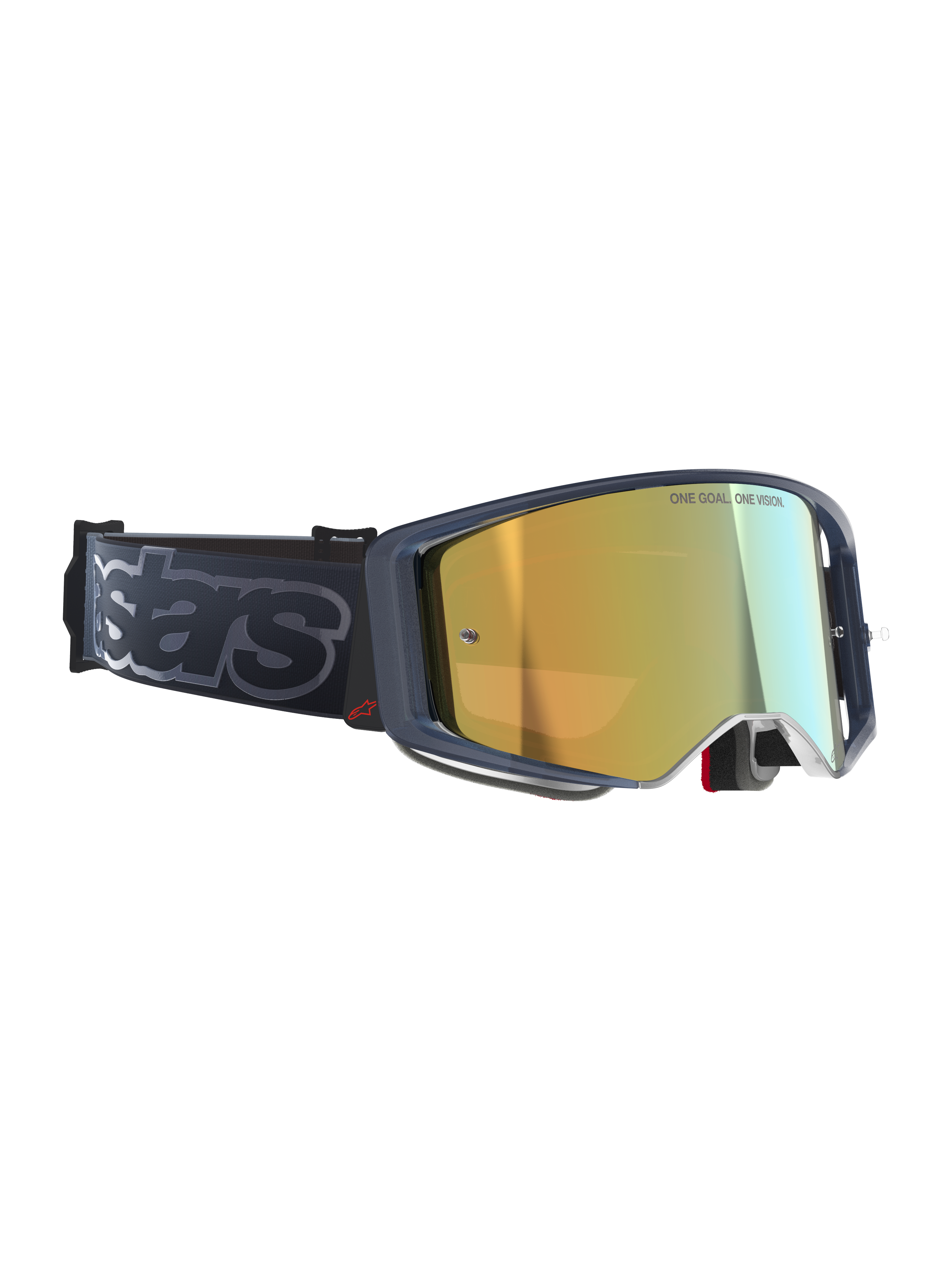 Gafas Alpinestars Supertech Vision Vista, gafas de motocross, Black Mirror Gold, lente de espejo dorada con la inscripción 'ONE GOAL. ONE VISION.', montura oscura con detalles del logo en rojo, correa negra ancha con marca 'stars' en gris, protección ocular de alto rendimiento para off-road