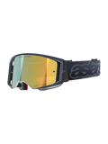 Gafas Alpinestars Supertech Vision Vista, gafas de motocross MX, combinación de colores Black Mirror Gold, montura traslúcida oscura, lente de espejo dorado con el texto "ONE GOAL. ONE VISION.", correa negra con la marca "astars" gris grabada en relieve