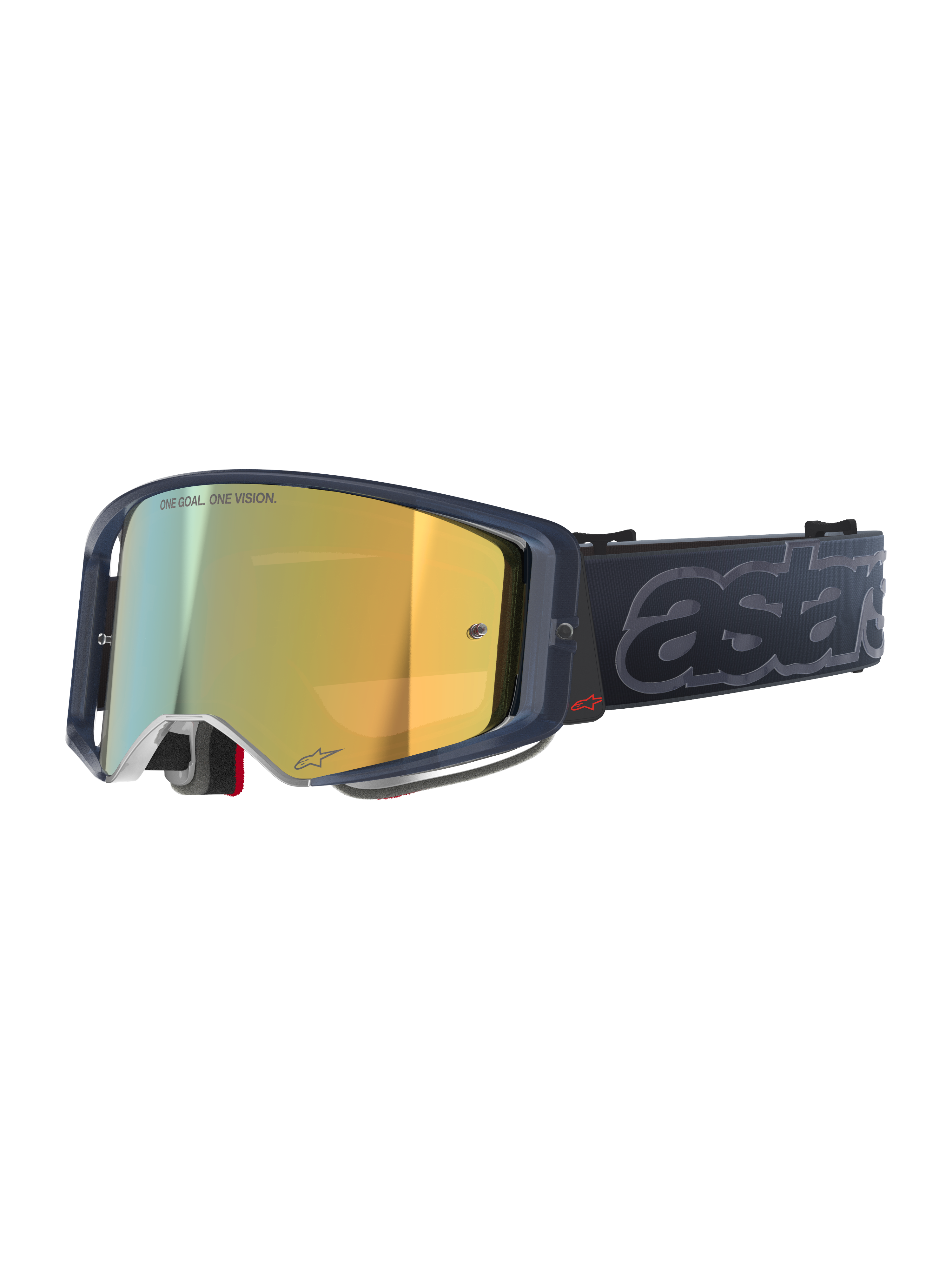 Gafas Alpinestars Supertech Vision Vista, gafas de motocross MX, combinación de colores Black Mirror Gold, montura traslúcida oscura, lente de espejo dorado con el texto "ONE GOAL. ONE VISION.", correa negra con la marca "astars" gris grabada en relieve