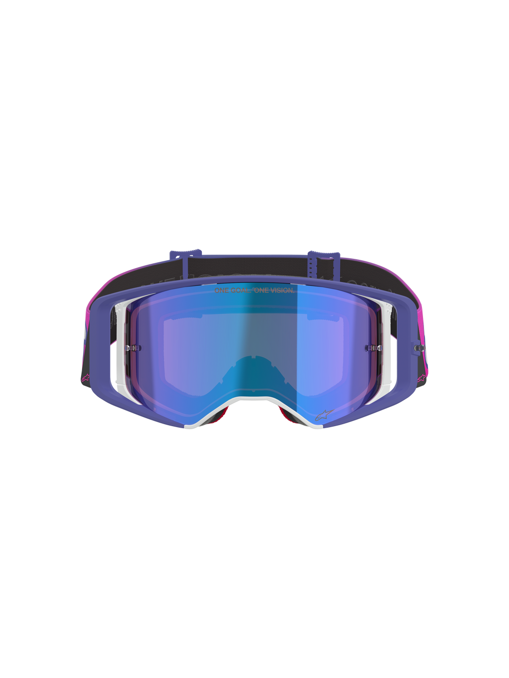 Gafas Alpinestars Supertech Vision Vista, gafas de motocross, púrpura, rosa flúor y azul espejo, vista frontal con lente con tinte azul espejo, montura púrpura con detalles blancos y correa rosa vibrante y negra con el logotipo de Alpinestars
