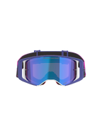 Gafas Alpinestars Supertech Vision Vista, gafas de motocross, púrpura, rosa flúor y azul espejo, vista frontal con lente con tinte azul espejo, montura púrpura con detalles blancos y correa rosa vibrante y negra con el logotipo de Alpinestars