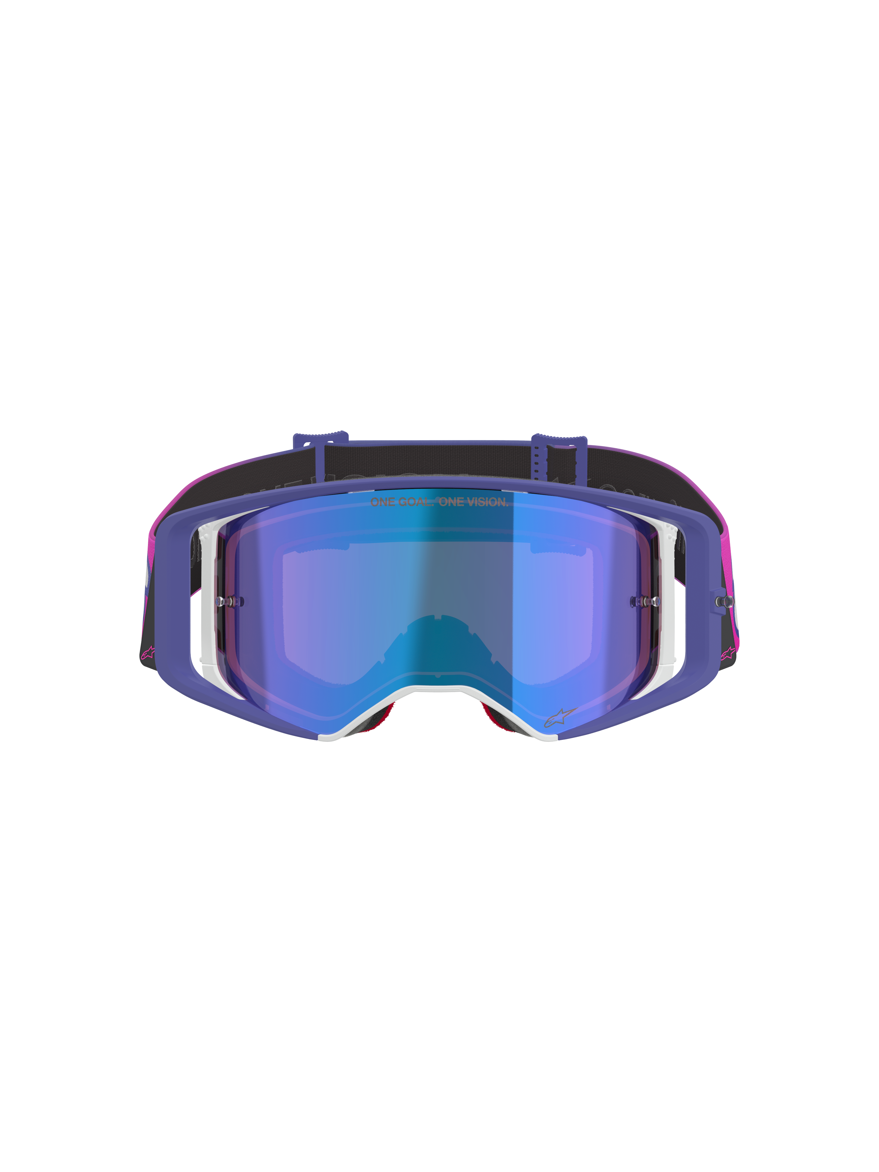 Gafas Alpinestars Supertech Vision Vista, gafas de motocross, púrpura, rosa flúor y azul espejo, vista frontal con lente con tinte azul espejo, montura púrpura con detalles blancos y correa rosa vibrante y negra con el logotipo de Alpinestars