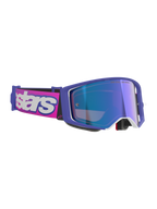 Gafas Alpinestars Supertech Vision Vista, gafas de motocross, montura púrpura y rosa fluorescente con lente de espejo azul, correa rosa con el logotipo de Alpinestars en blanco, equipo de protección visual profesional para off-road