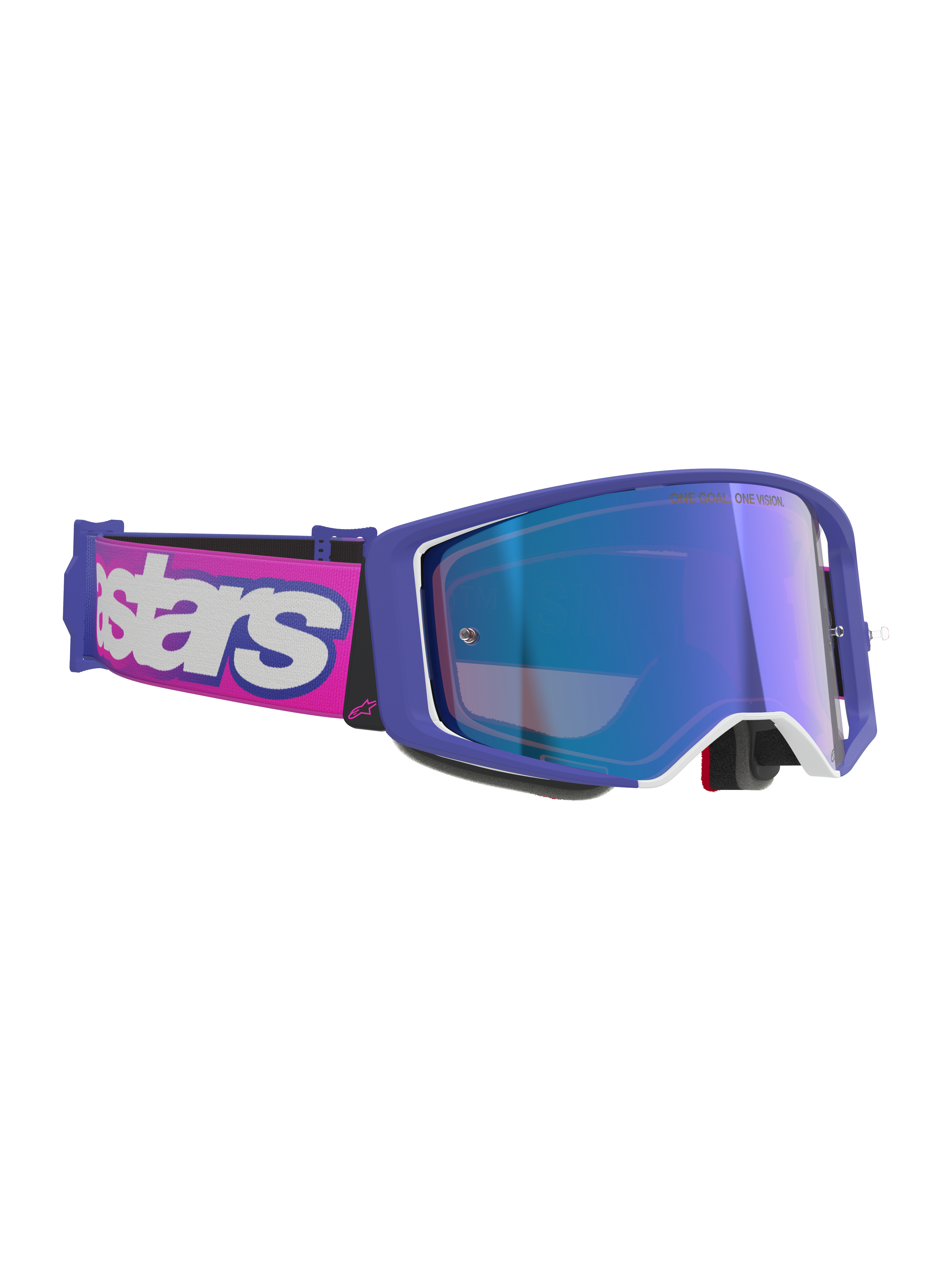 Gafas Alpinestars Supertech Vision Vista, gafas de motocross, montura púrpura y rosa fluorescente con lente de espejo azul, correa rosa con el logotipo de Alpinestars en blanco, equipo de protección visual profesional para off-road
