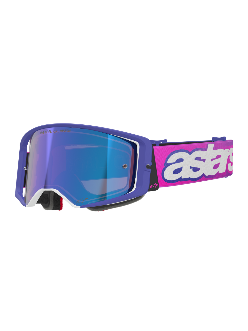 Gafas Alpinestars Supertech Vision Vista, gafas de motocross, montura morada con detalles blancos y lente de espejo azul, correa rosa flúor con el logotipo 'astars' en blanco, protección visual profesional para competición off-road