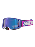 Gafas Alpinestars Supertech Vision Vista, gafas de motocross, montura morada con detalles blancos y lente de espejo azul, correa rosa flúor con el logotipo 'astars' en blanco, protección visual profesional para competición off-road