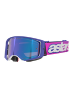 Gafas Alpinestars Supertech Vision Vista, gafas de motocross, montura morada con detalles blancos y lente de espejo azul, correa rosa flúor con el logotipo 'astars' en blanco, protección visual profesional para competición off-road