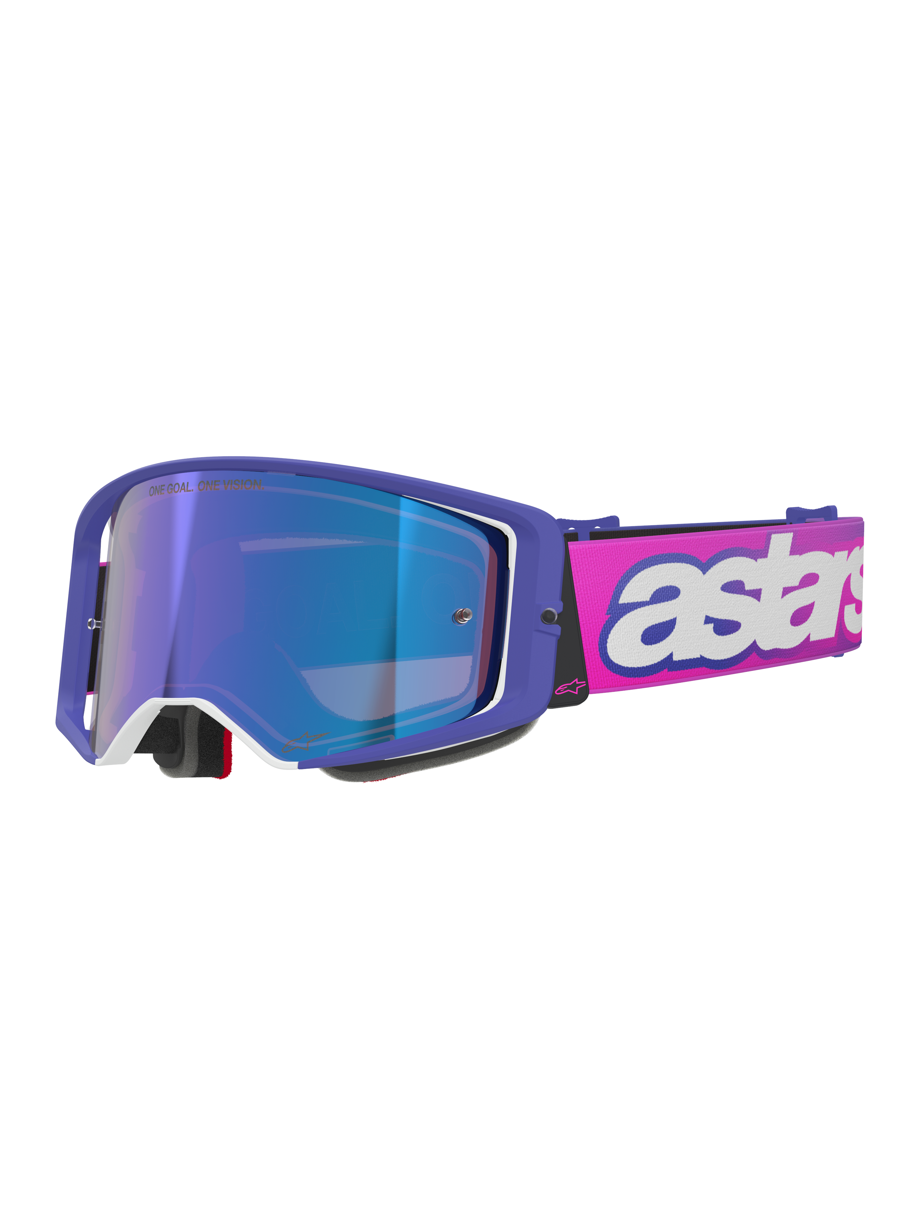 Gafas Alpinestars Supertech Vision Vista, gafas de motocross, montura morada con detalles blancos y lente de espejo azul, correa rosa flúor con el logotipo 'astars' en blanco, protección visual profesional para competición off-road