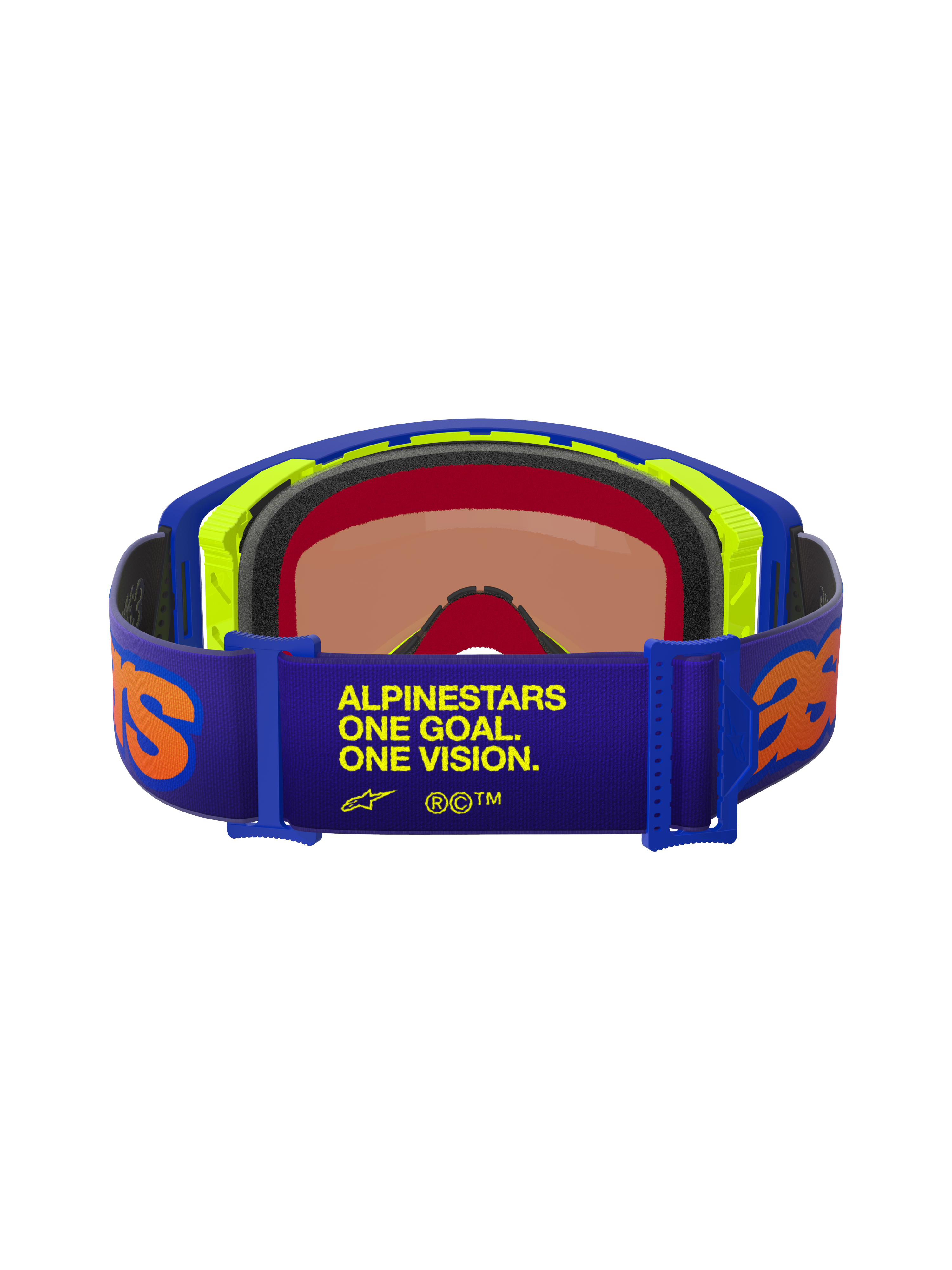 Gafas Alpinestars Supertech Vision Vista, vista trasera, correa morada con texto "ONE GOAL. ONE VISION." en amarillo y logotipos naranjas, montura azul y amarillo neón, espuma facial multicapa, lente de espejo roja, gafas de motocross profesionales