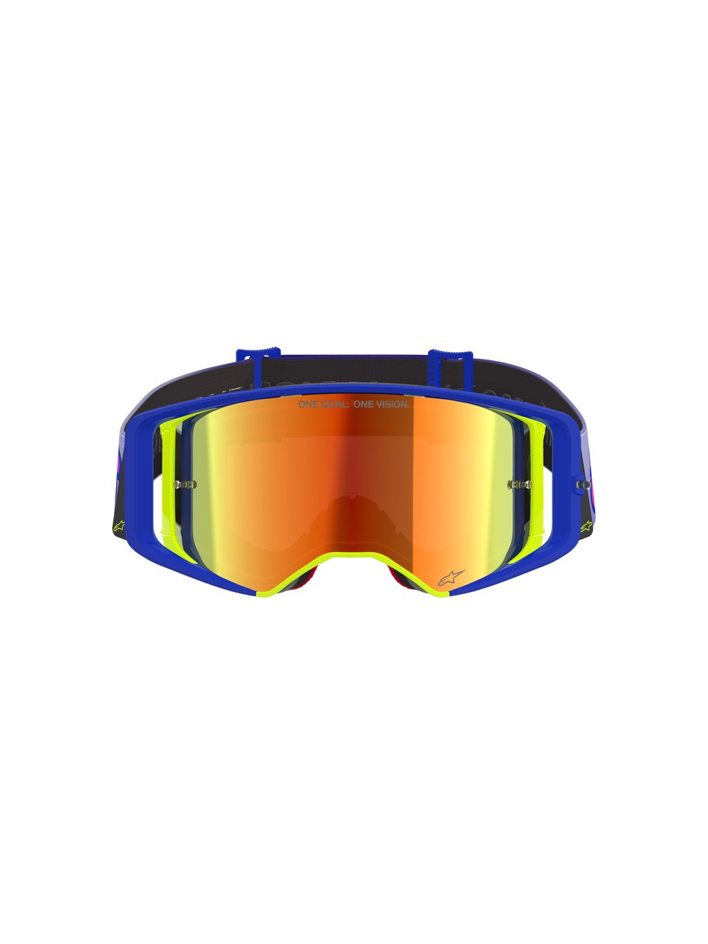 Gafas Alpinestars Supertech Vision Vista, gafas de motocross, montura azul y amarilla con lente de espejo roja, con reflejos púrpuras y naranjas, texto 'ONE GOAL. ONE VISION.' en la lente, gafas profesionales de alto rendimiento para off-road