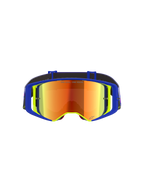 Gafas Alpinestars Supertech Vision Vista, gafas de motocross, montura azul y amarilla con lente de espejo roja, con reflejos púrpuras y naranjas, texto 'ONE GOAL. ONE VISION.' en la lente, gafas profesionales de alto rendimiento para off-road