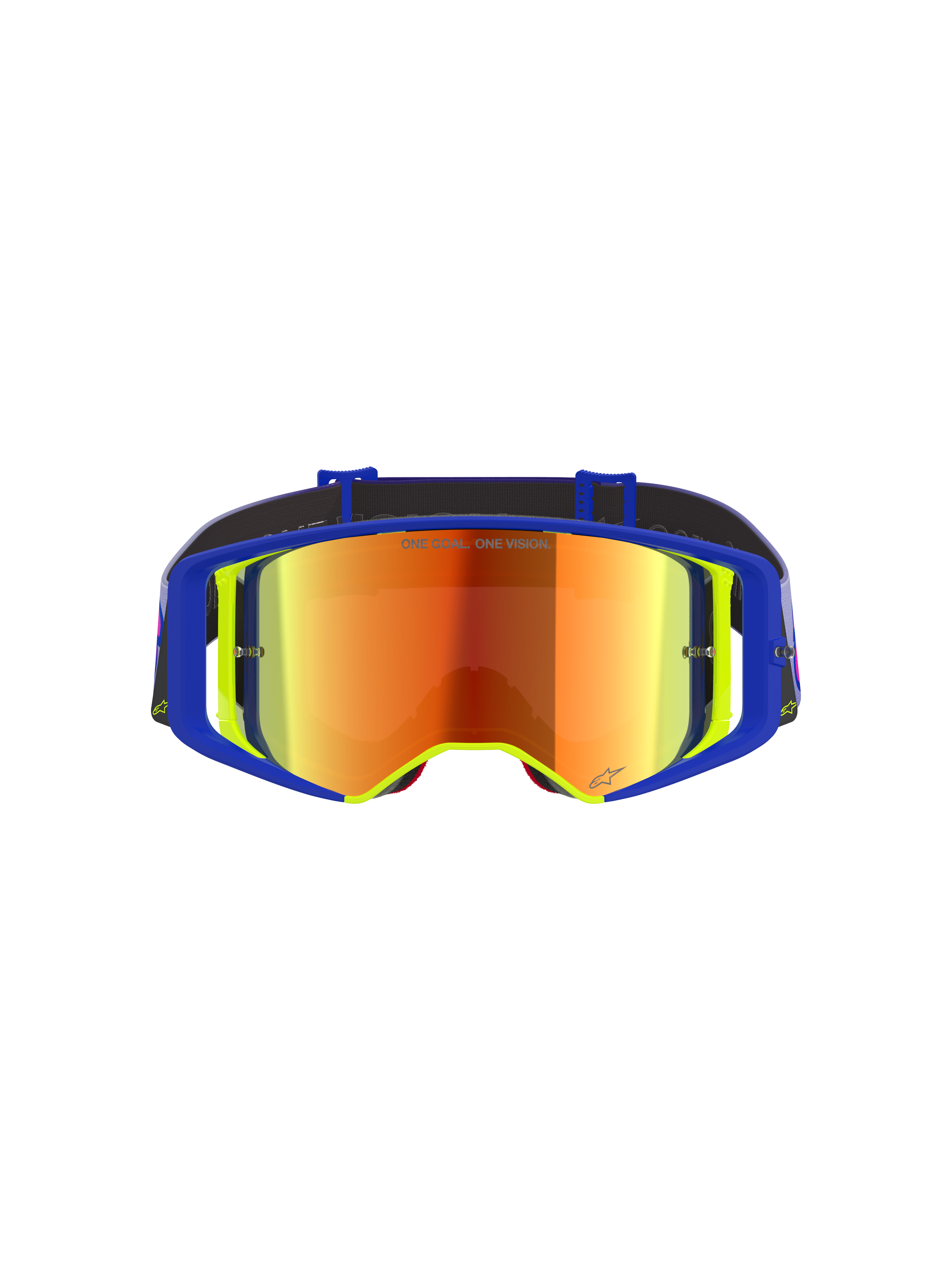 Gafas Alpinestars Supertech Vision Vista, gafas de motocross, montura azul y amarilla con lente de espejo roja, con reflejos púrpuras y naranjas, texto 'ONE GOAL. ONE VISION.' en la lente, gafas profesionales de alto rendimiento para off-road