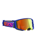 Gafas Alpinestars Supertech Vision Vista, gafas de motocross, montura azul y amarilla con lente de espejo roja, correa morada con el logotipo de Alpinestars en rosa llamativo, gafas profesionales para competición off-road