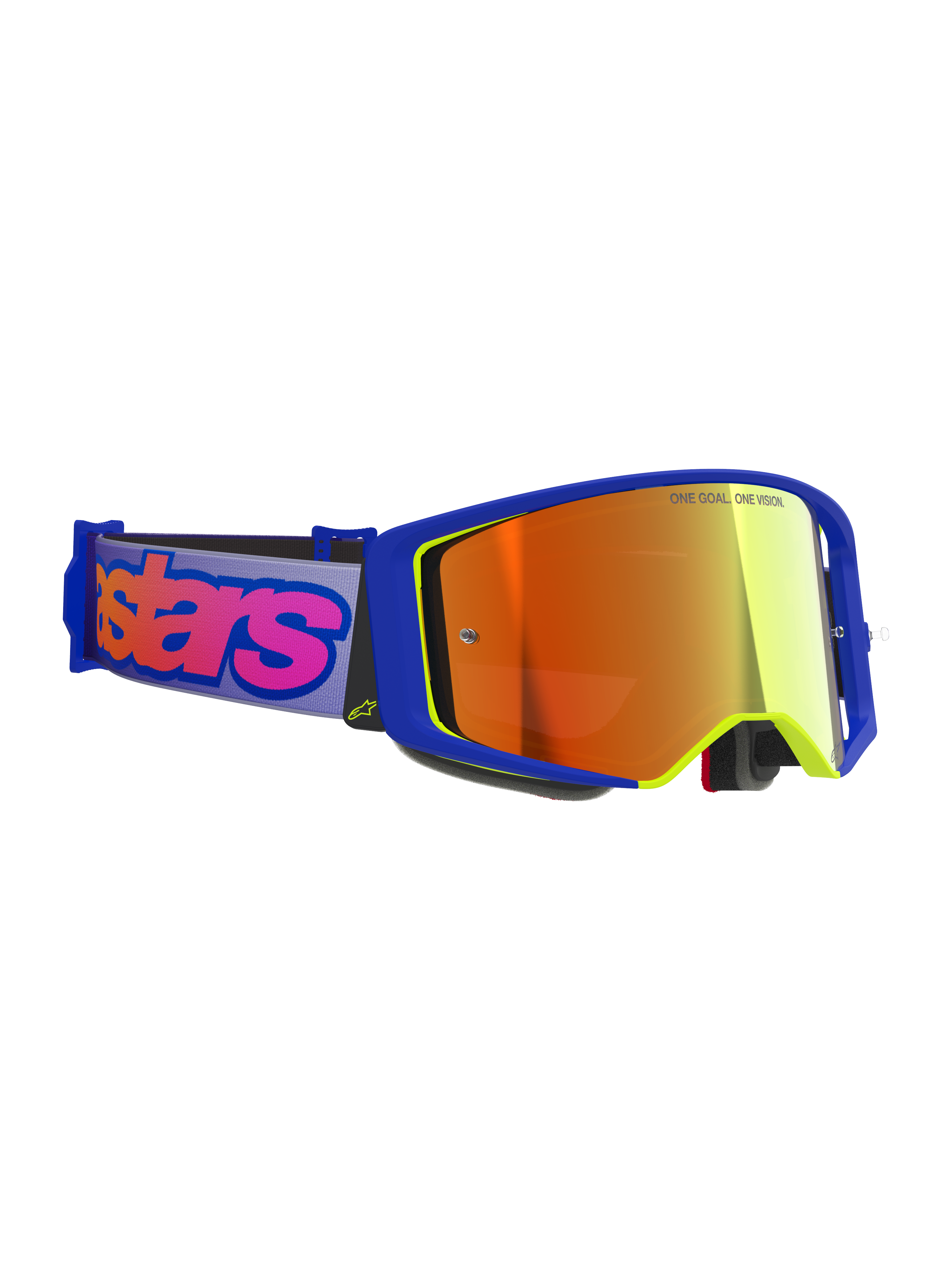 Gafas Alpinestars Supertech Vision Vista, gafas de motocross, montura azul y amarilla con lente de espejo roja, correa morada con el logotipo de Alpinestars en rosa llamativo, gafas profesionales para competición off-road