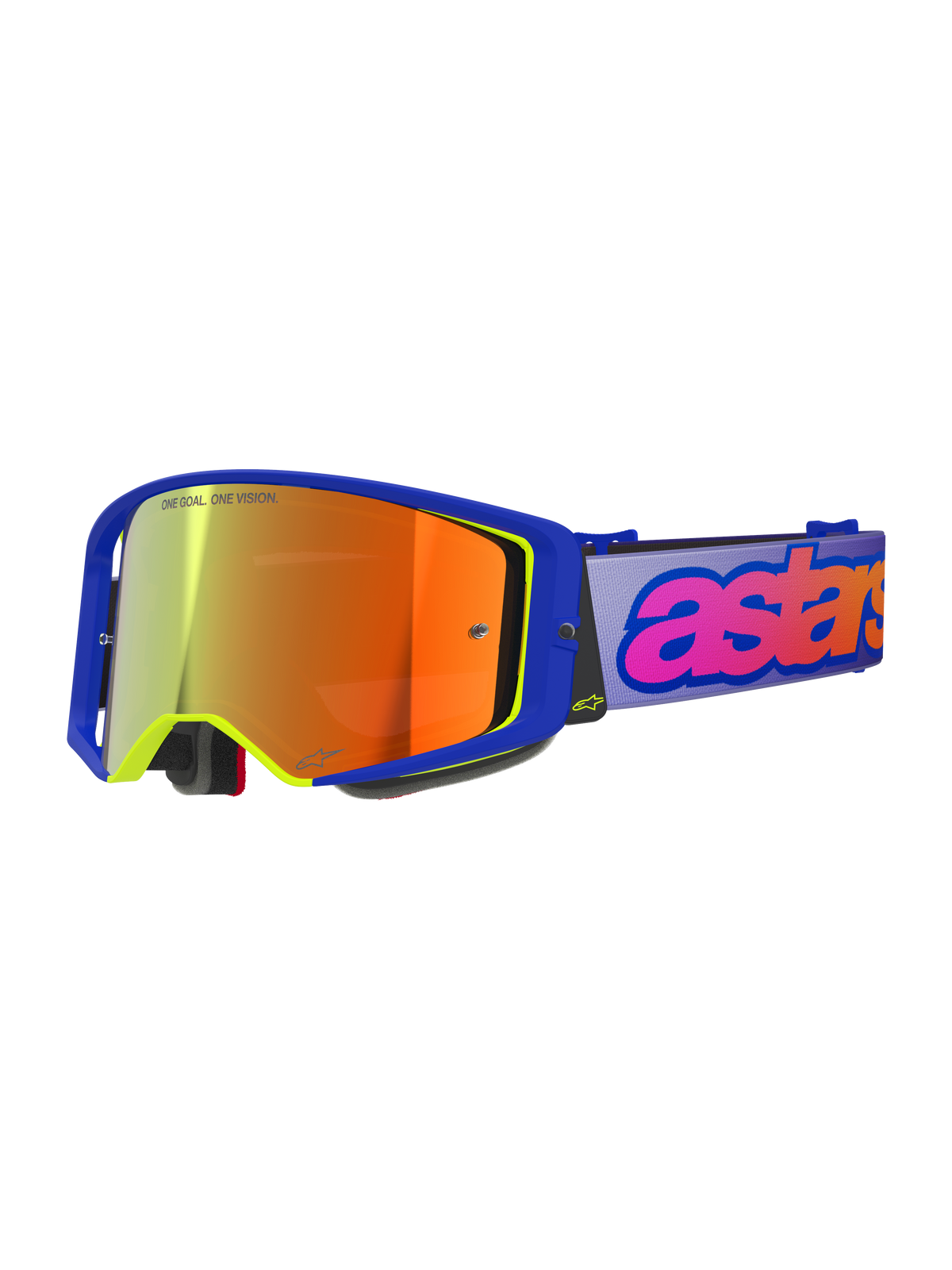 Gafas Alpinestars Supertech Vision Vista, gafas de motocross, montura azul con detalles amarillo neón, lente espejada naranja-roja, correa morada clara con marca 'astars' en rosa y naranja, texto 'ONE GOAL. ONE VISION.' en la lente