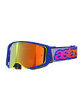 Gafas Alpinestars Supertech Vision Vista, gafas de motocross, montura azul con detalles amarillo neón, lente espejada naranja-roja, correa morada clara con marca 'astars' en rosa y naranja, texto 'ONE GOAL. ONE VISION.' en la lente