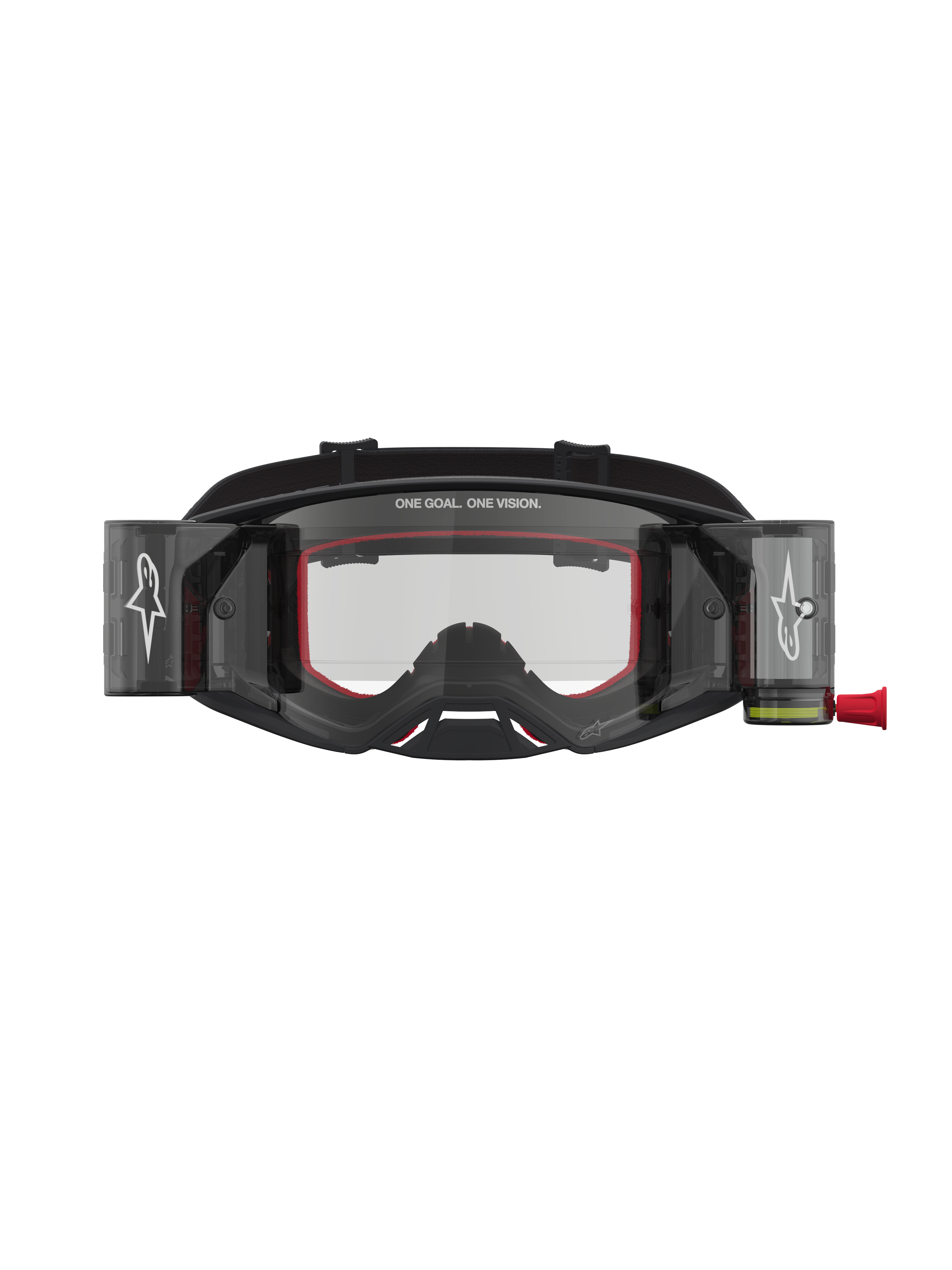 Alpinestars Supertech Firma Roll Off, gafas de motocross para competición, negras y plateadas con detalles rojos, lente transparente y sistema roll off integrado