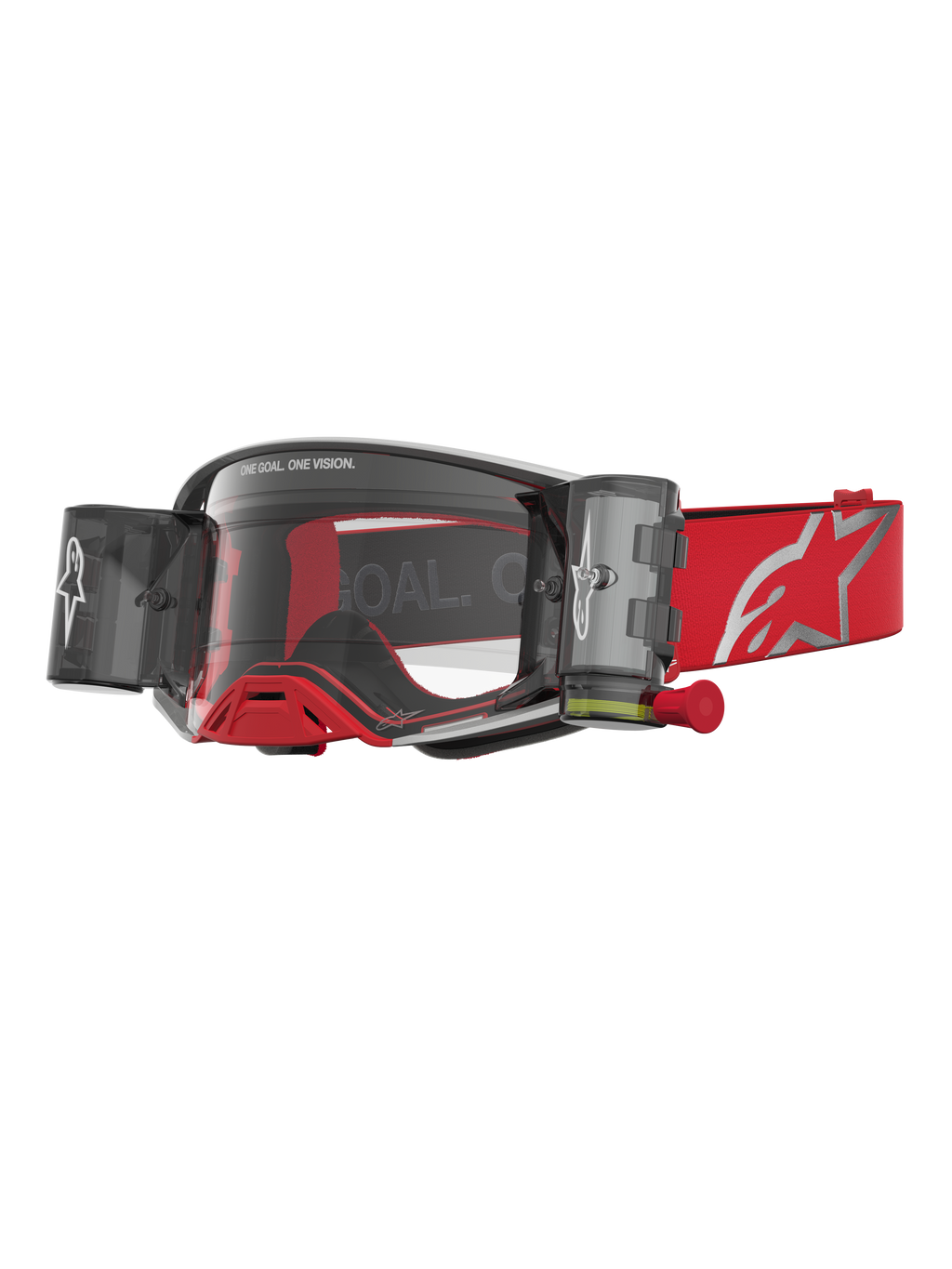 Gafas Alpinestars Supertech Firma Roll Off para motocross, rojas y plateadas, lente transparente y sistema Roll Off.