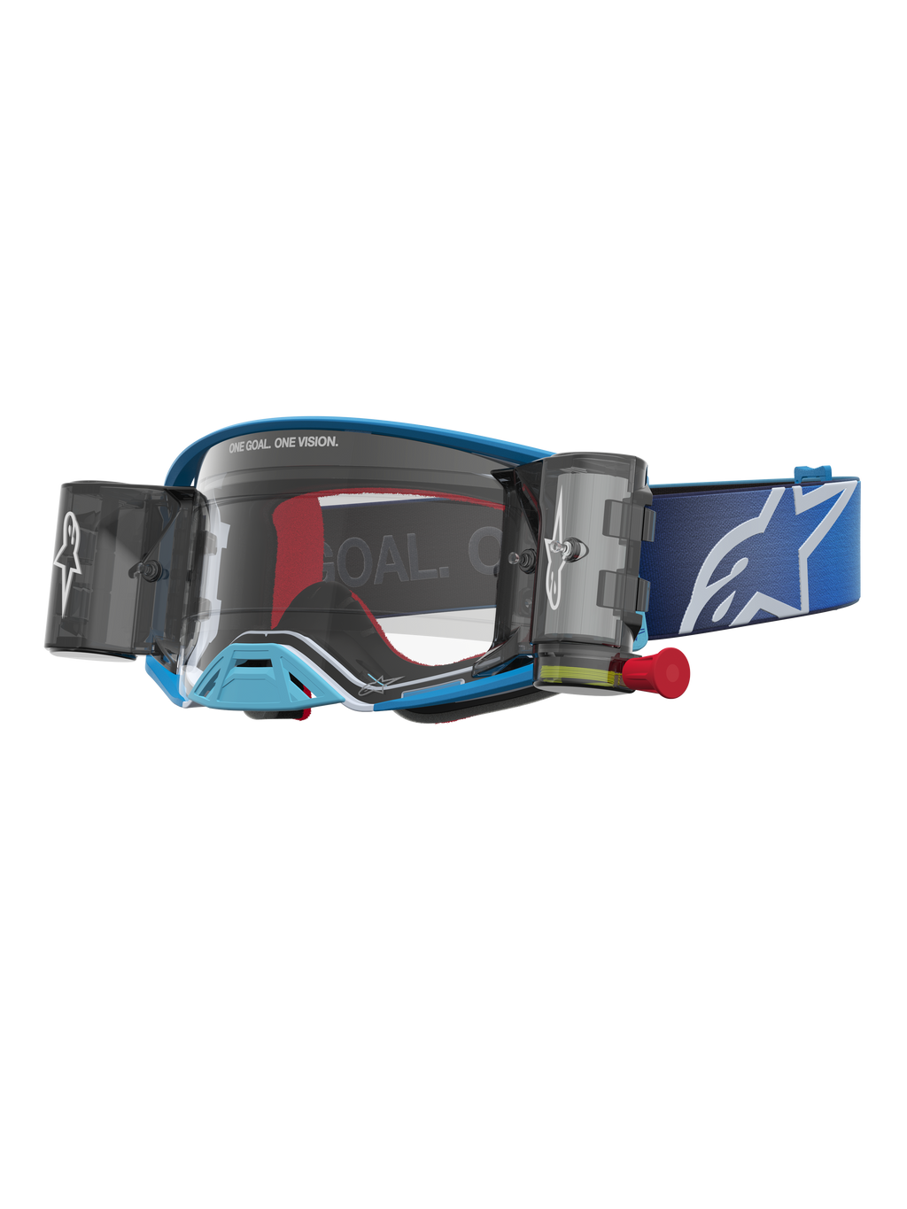 Gafas Alpinestars Supertech Firma Roll Off, gafas de motocross azules y grises con lente transparente y sistema roll off.