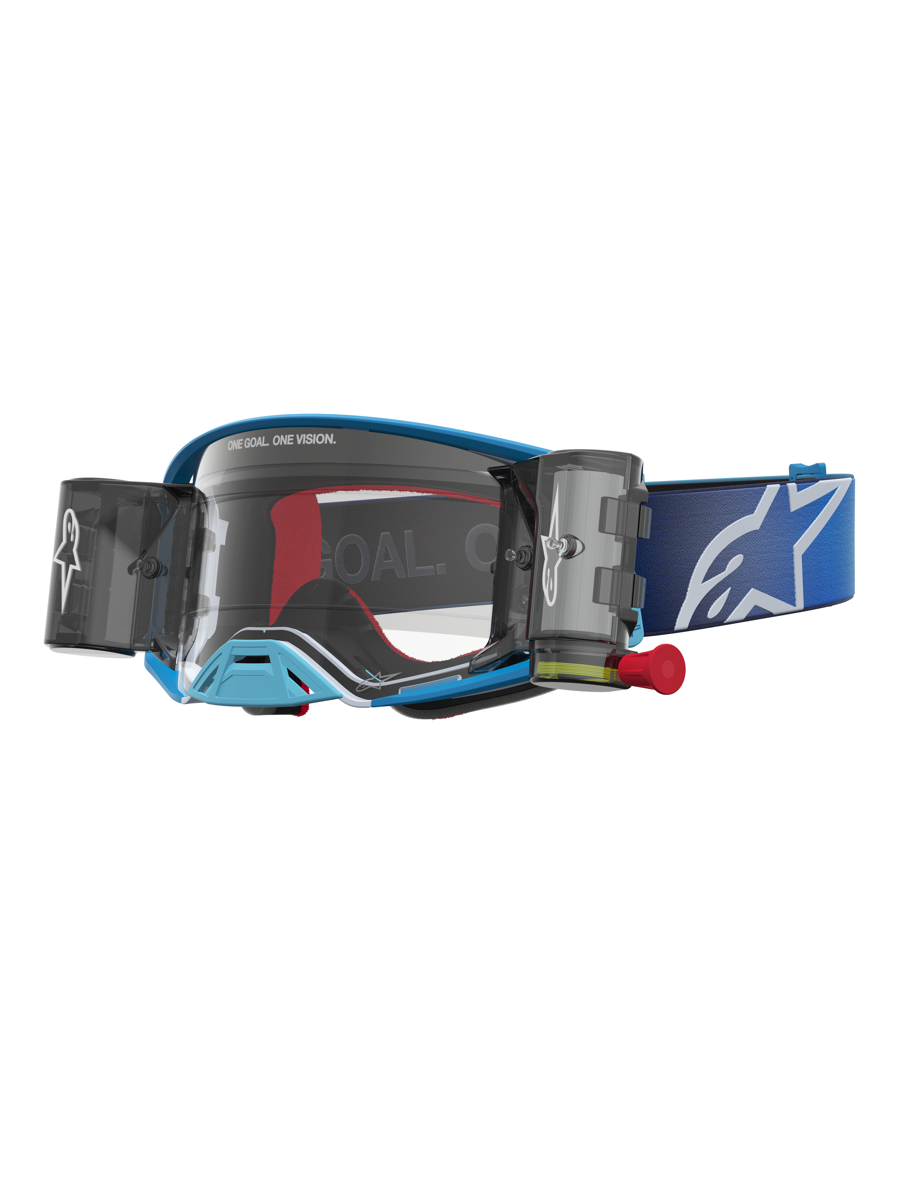 Gafas Alpinestars Supertech Firma Roll Off, gafas de motocross azules y grises con lente transparente y sistema roll off.