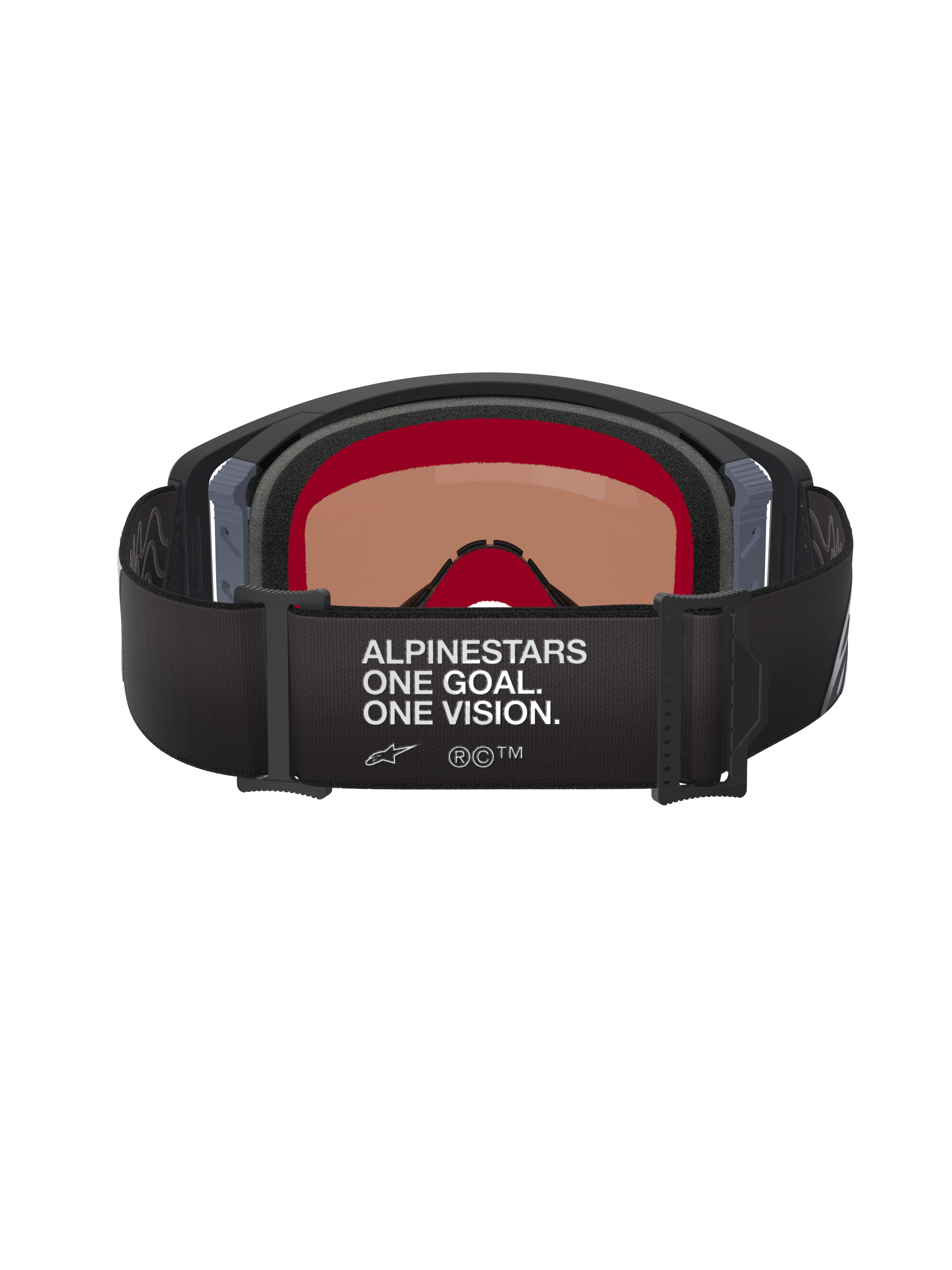 Gafas Alpinestars Supertech Corp Absolute Vision, gafas de motocross, negro y gris, vista trasera que muestra la correa ajustable negra con el texto 'ALPINESTARS ONE GOAL. ONE VISION.' en blanco, lente de tinte cálido y espuma facial de múltiples capas.