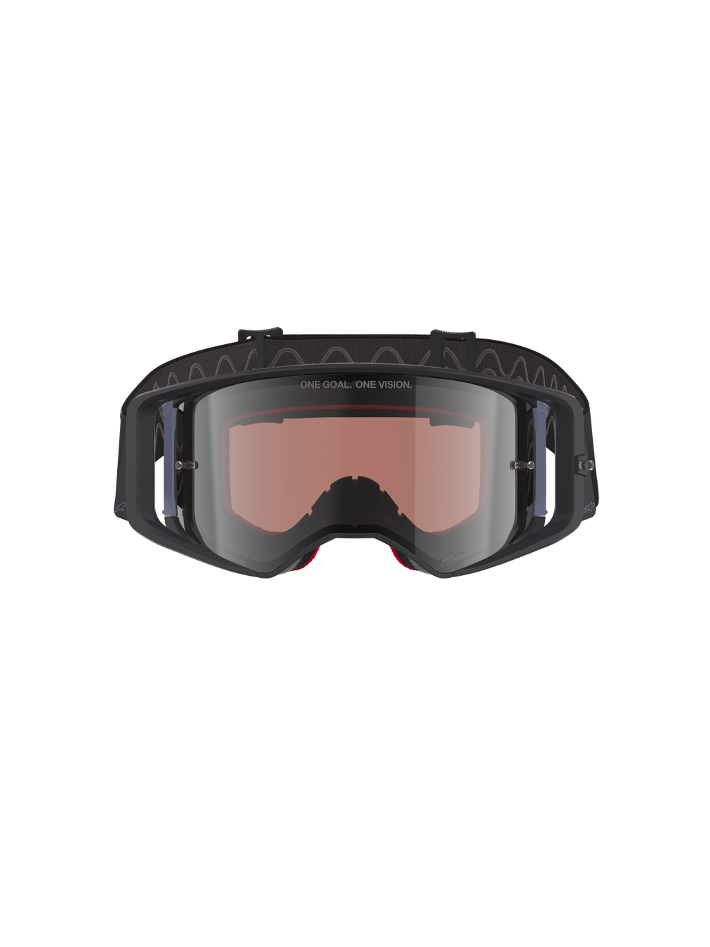 Gafas Alpinestars Supertech Corp Absolute Vision, gafas de motocross en color negro y gris con espejo plateado, con el texto "ONE GOAL. ONE VISION." en la lente, lente de policarbonato de visión amplia, protección ocular de alto rendimiento para carreras todoterreno