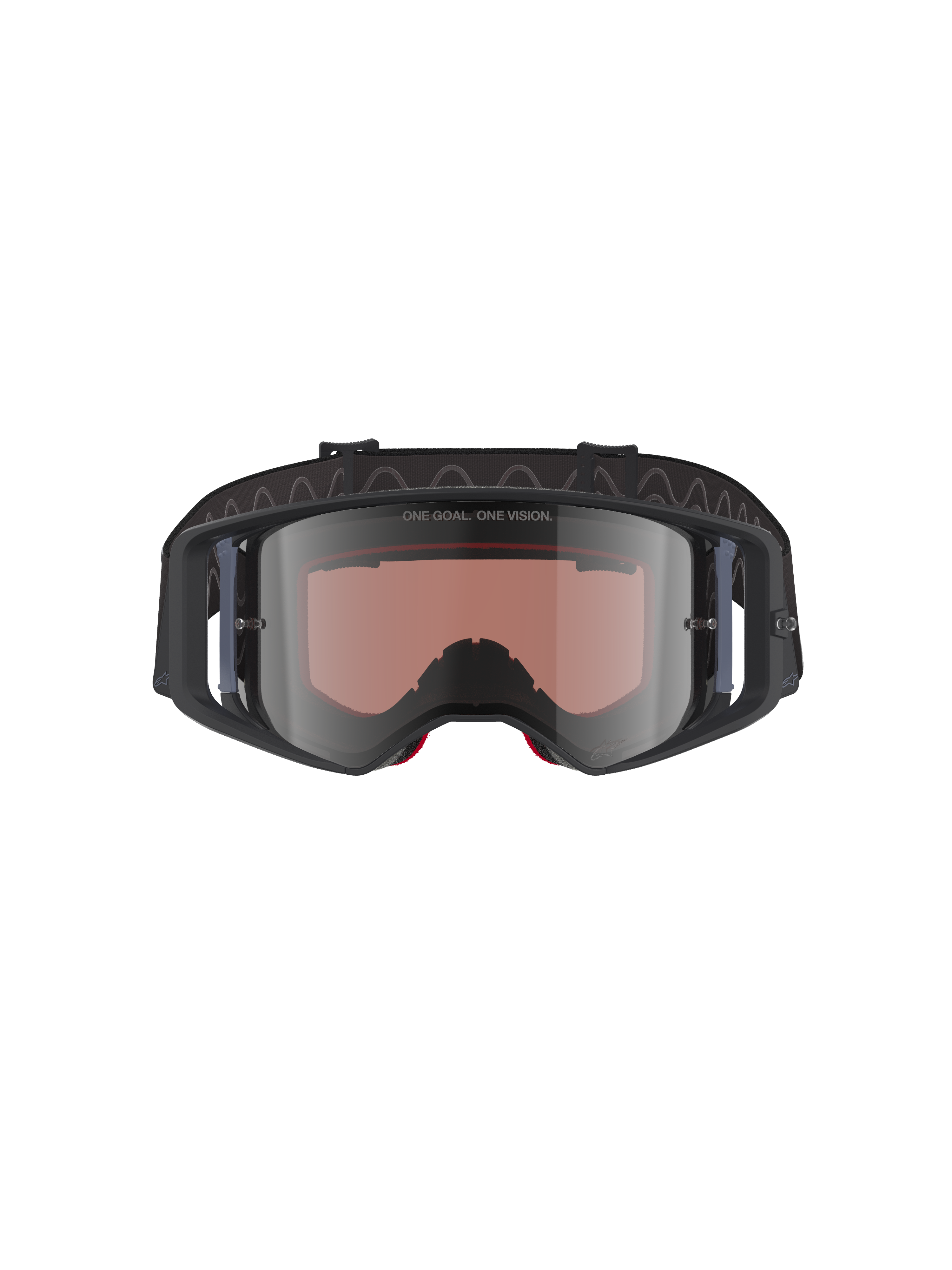 Gafas Alpinestars Supertech Corp Absolute Vision, gafas de motocross en color negro y gris con espejo plateado, con el texto "ONE GOAL. ONE VISION." en la lente, lente de policarbonato de visión amplia, protección ocular de alto rendimiento para carreras todoterreno