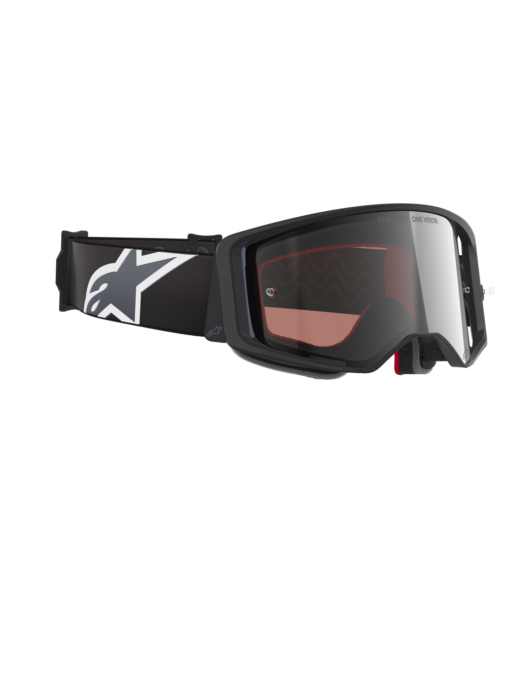 Alpinestars Supertech Corp Goggles Absolute Vision, gafas de motocross, montura negra y gris con lente de espejo plateada, correa ancha negra con el logotipo Astars en blanco y gris, protección ocular de alto rendimiento para carreras de motocross y off-road.