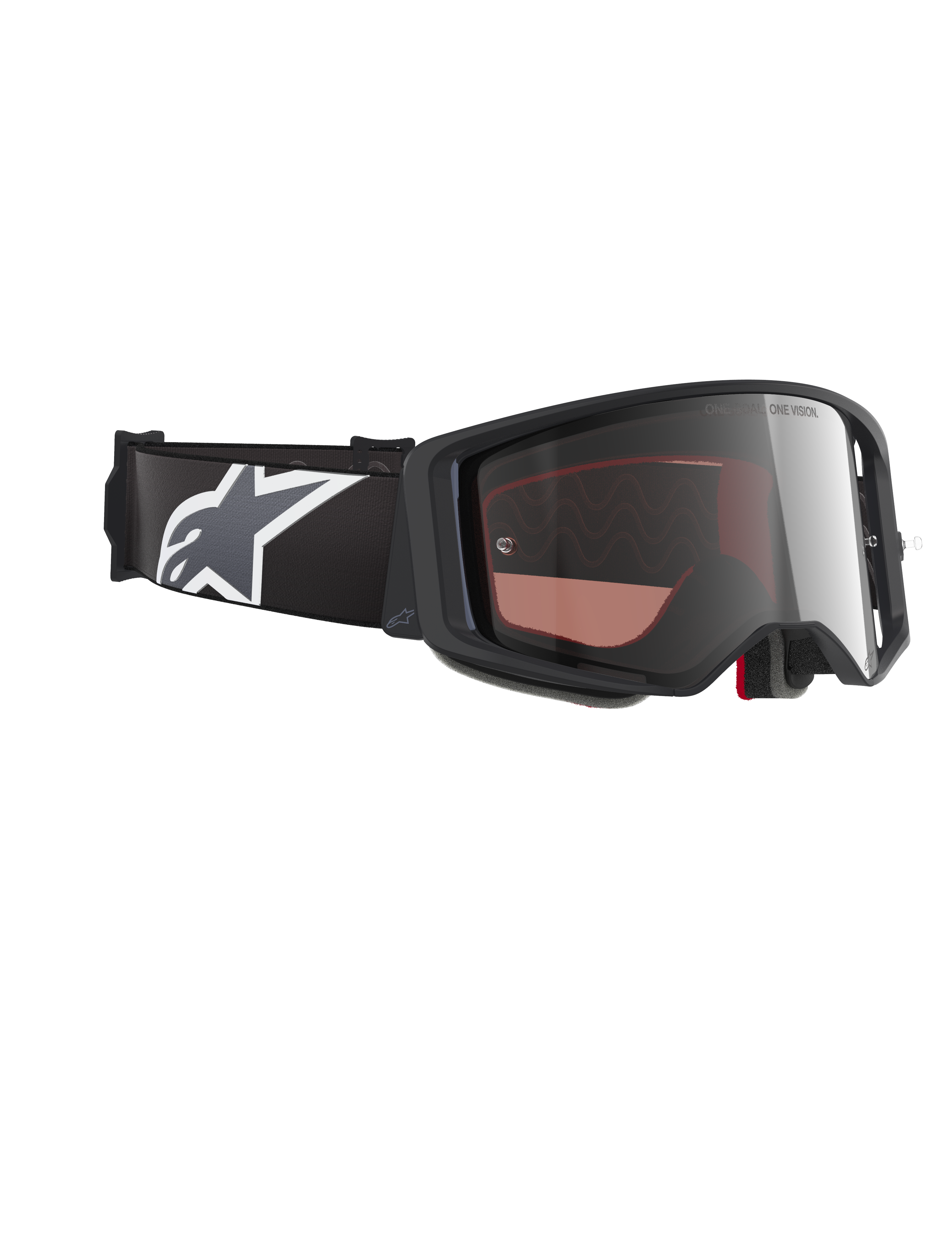 Alpinestars Supertech Corp Goggles Absolute Vision, gafas de motocross, montura negra y gris con lente de espejo plateada, correa ancha negra con el logotipo Astars en blanco y gris, protección ocular de alto rendimiento para carreras de motocross y off-road.