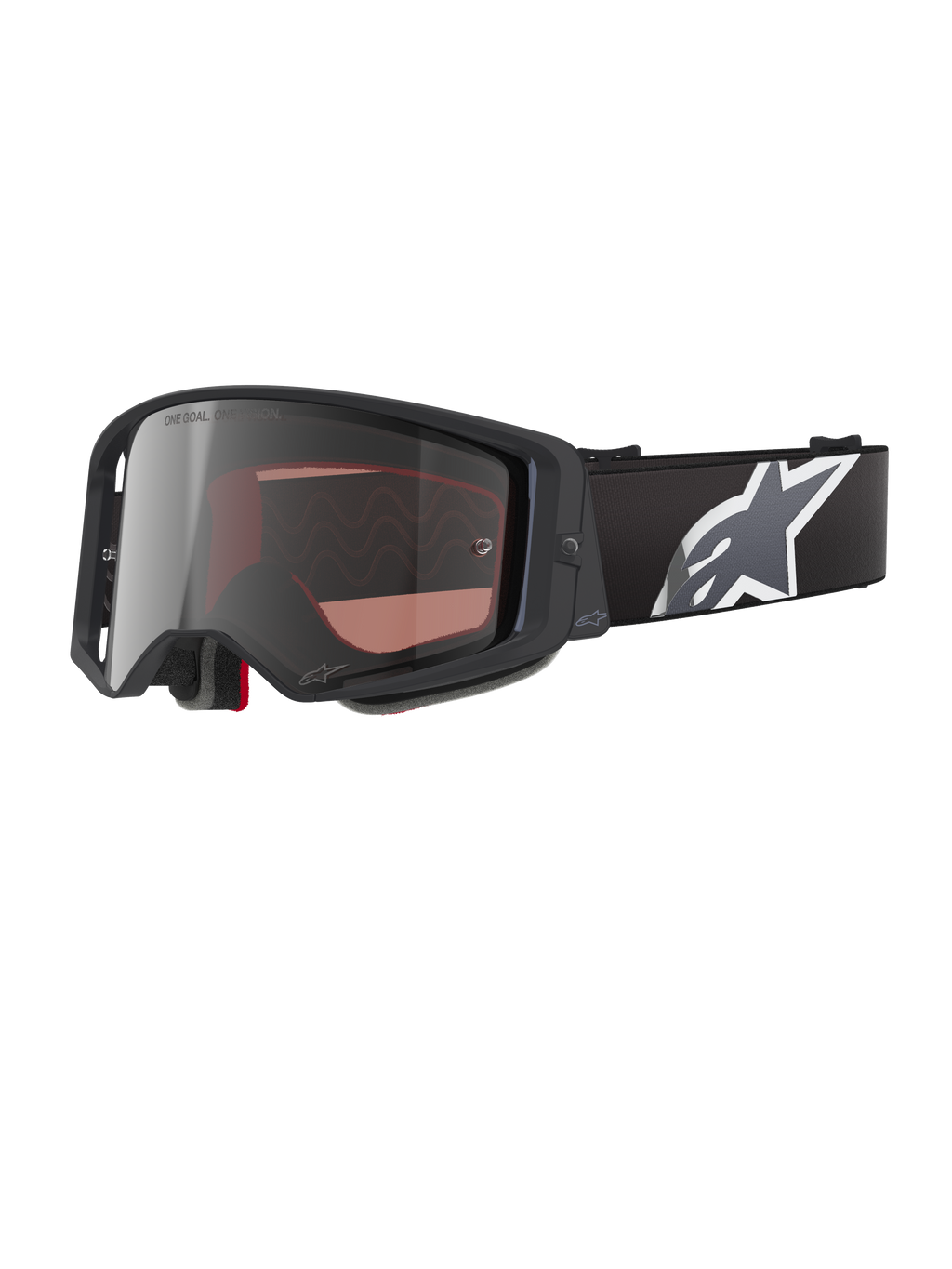 Alpinestars Supertech Corp Goggles Absolute Vision, gafas de motocross, negras y grises con lente plateada de espejo, marco angular, correa negra ajustable con un destacado logotipo de estrella blanca y espuma facial de varias capas para rendimiento off-road.