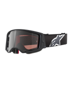 Alpinestars Supertech Corp Goggles Absolute Vision, gafas de motocross, negras y grises con lente plateada de espejo, marco angular, correa negra ajustable con un destacado logotipo de estrella blanca y espuma facial de varias capas para rendimiento off-road.