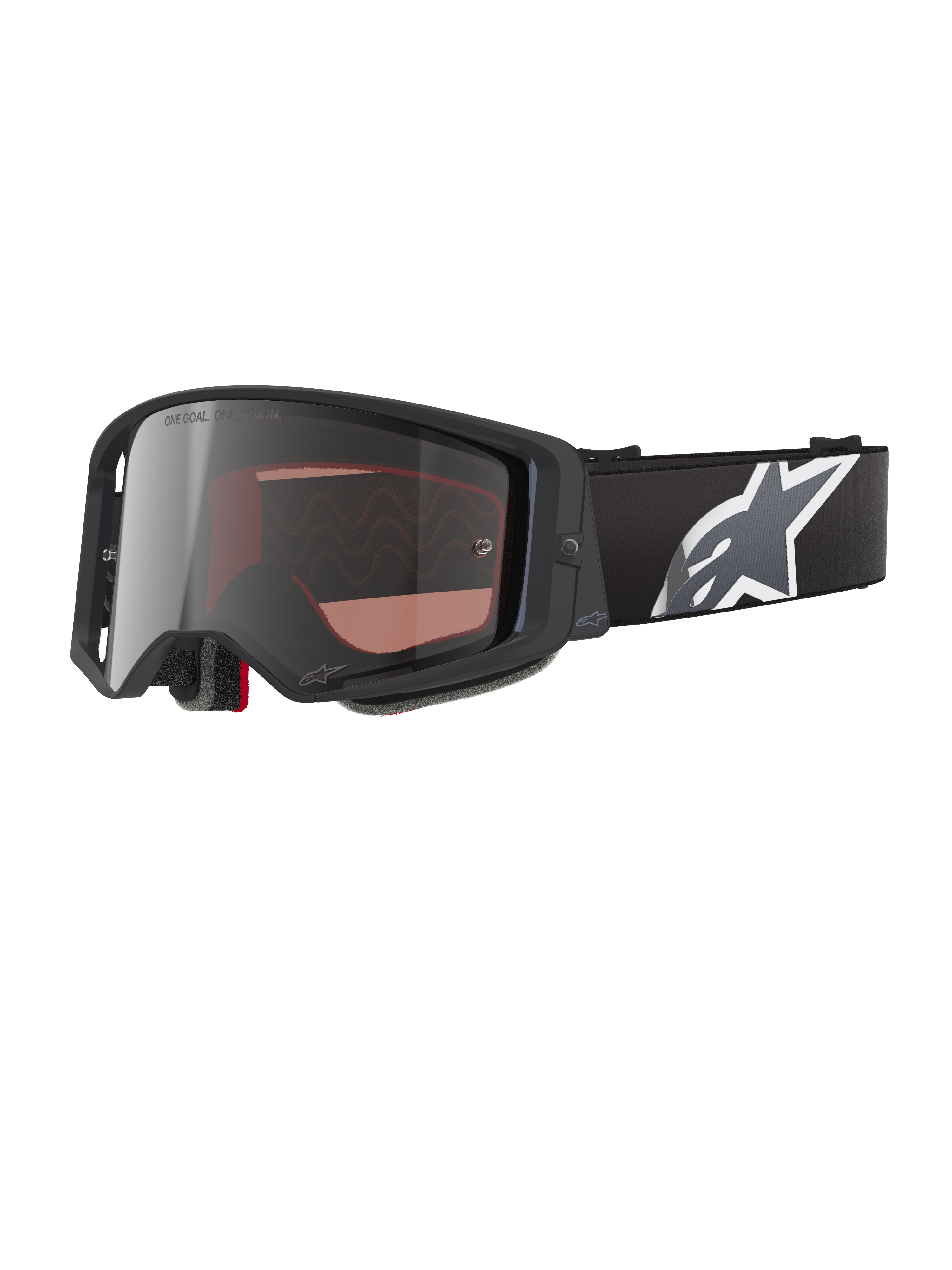 Alpinestars Supertech Corp Goggles Absolute Vision, gafas de motocross, negras y grises con lente plateada de espejo, marco angular, correa negra ajustable con un destacado logotipo de estrella blanca y espuma facial de varias capas para rendimiento off-road.