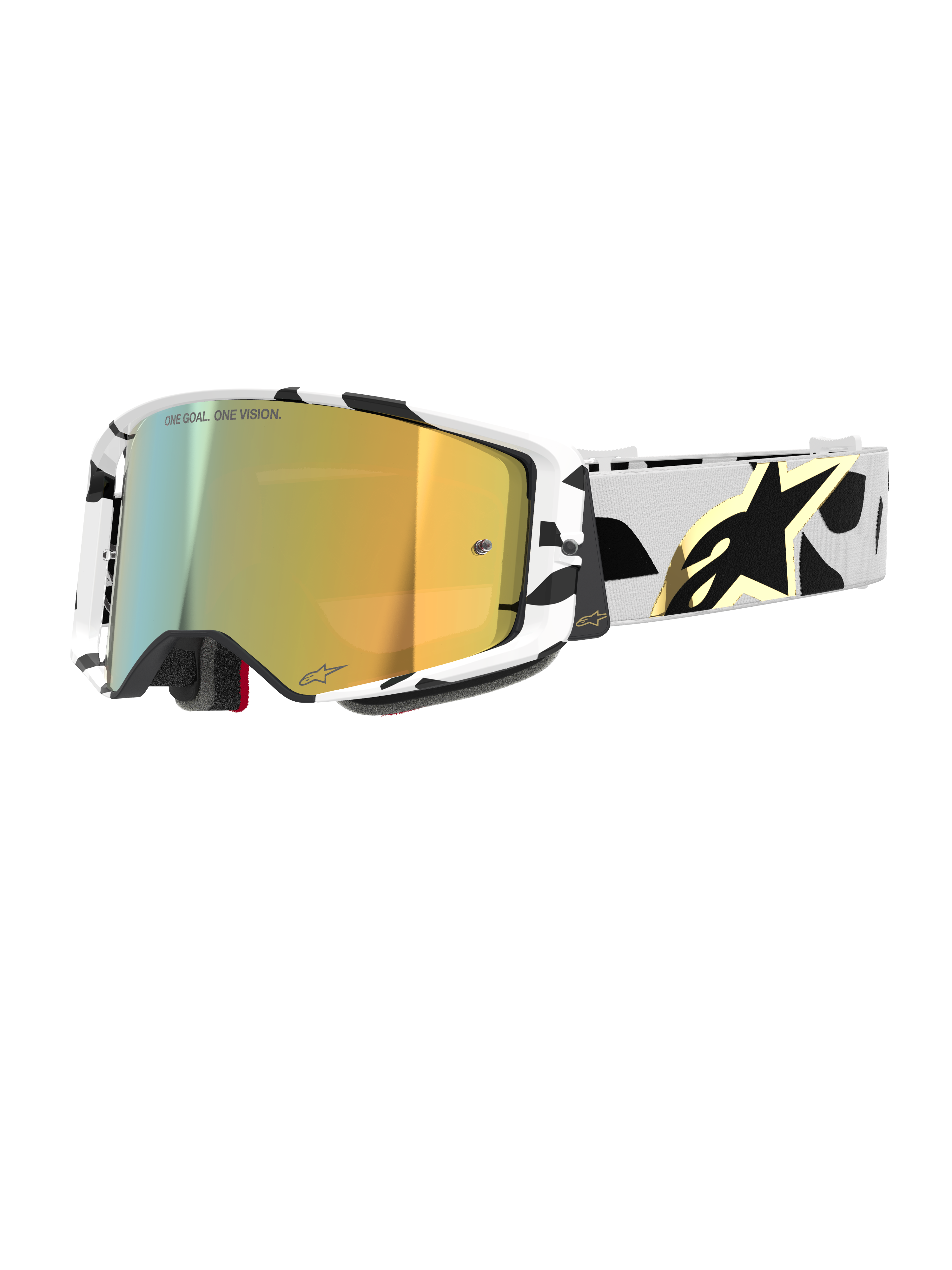 Alpinestars Supertech Corp Goggles Absolute Vision, Motocross Goggles, white and black patterned frame with gold mirror lens, wide strap with black abstract design and gold Alpinestars logo, "ONE GOAL. ONE VISION." branding on lens, high-performance racing gear.