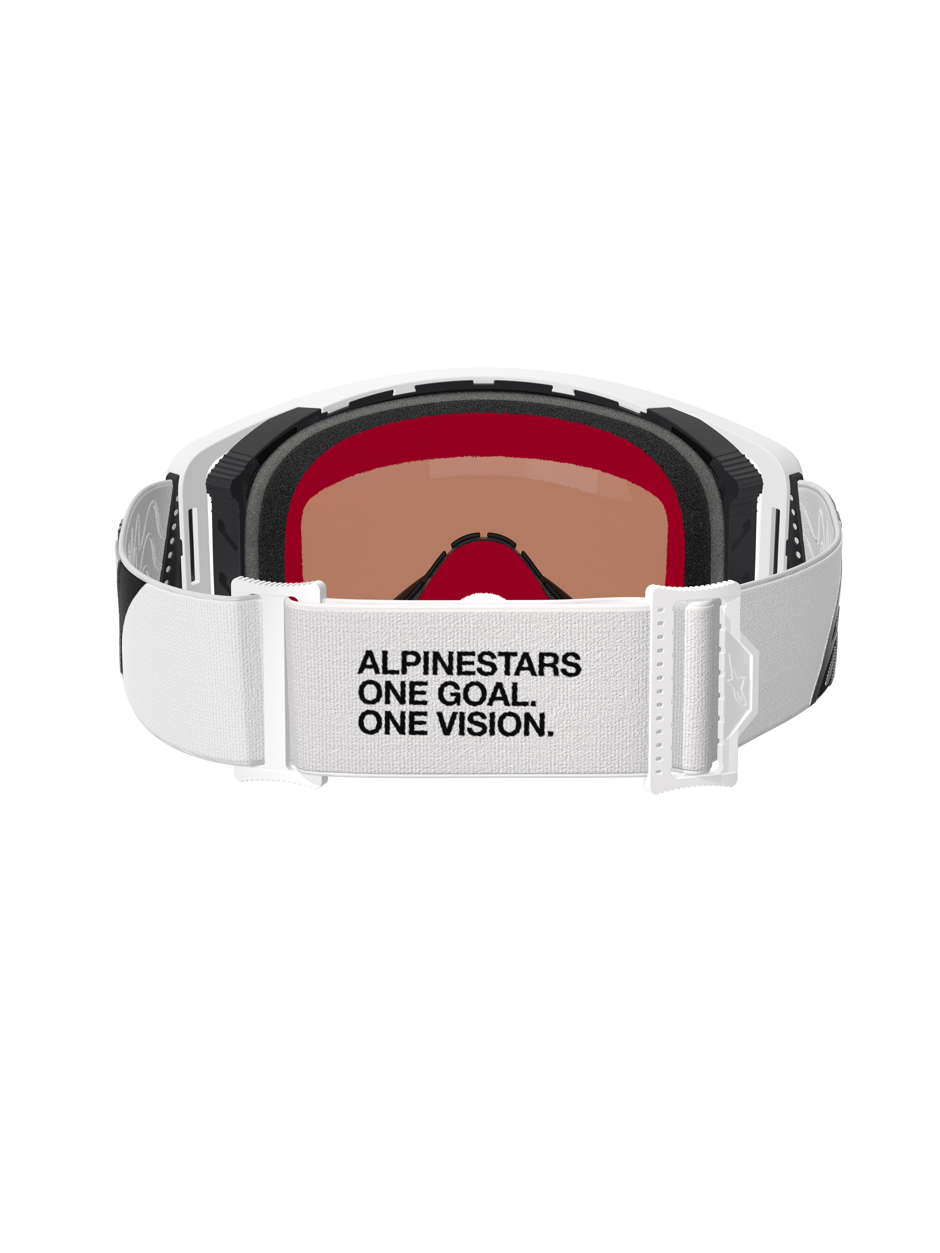 Alpinestars Supertech Corp Goggles Absolute Vision, gafas de motocross, blanco y espejo plateado, vista trasera que muestra la correa blanca con el texto 'ALPINESTARS ONE GOAL. ONE VISION.', espuma facial de múltiples capas y diseño de montura blanca elegante