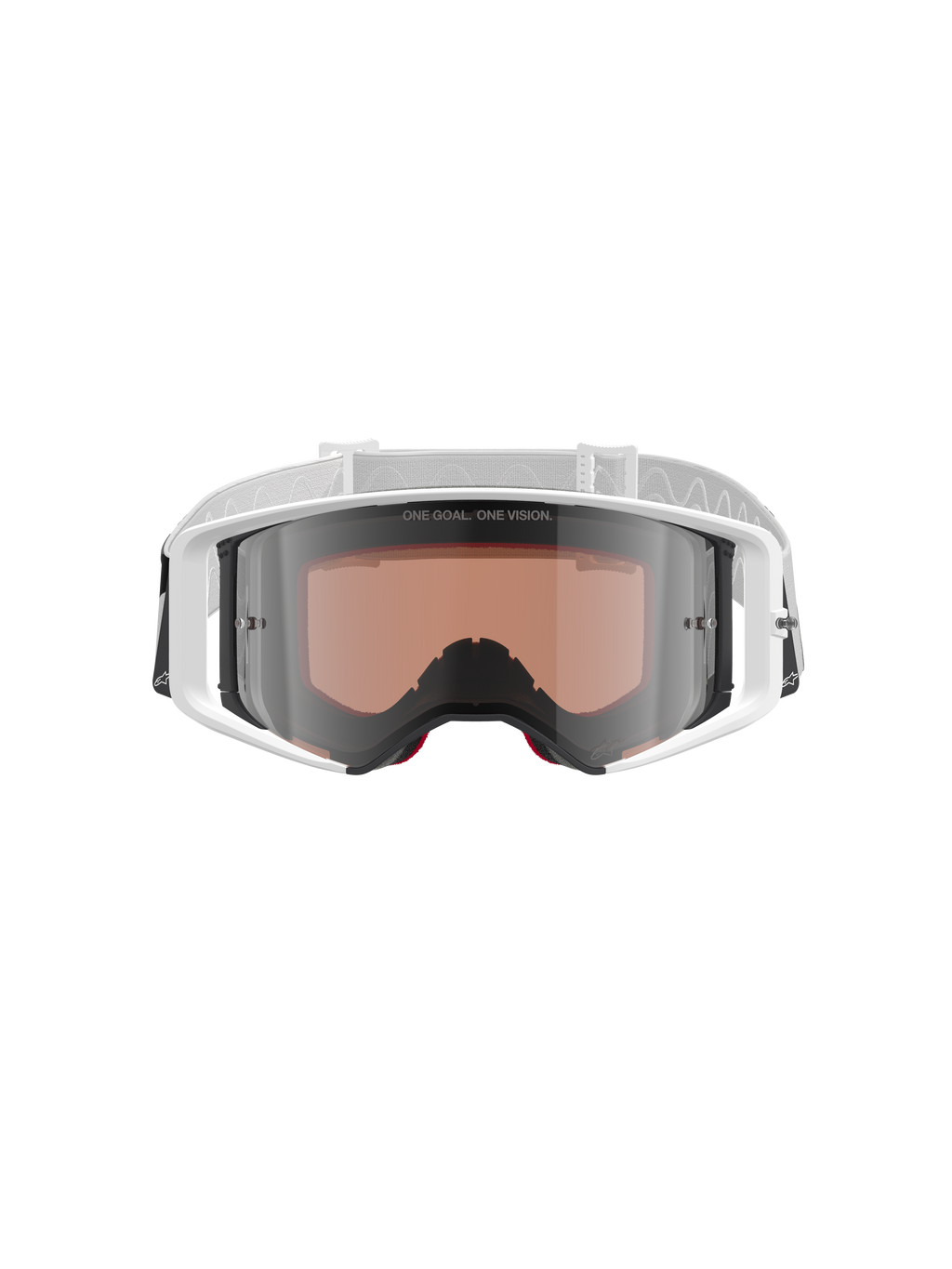 Gafas Alpinestars Supertech Corp Absolute Vision, gafas de motocross, blanco y plata espejo, vista frontal con montura blanca y lente plateada de espejo con el texto "ONE GOAL. ONE VISION.", correa blanca ajustable con el logo de Alpinestars, protección ocular de alto rendimiento para carreras off-road