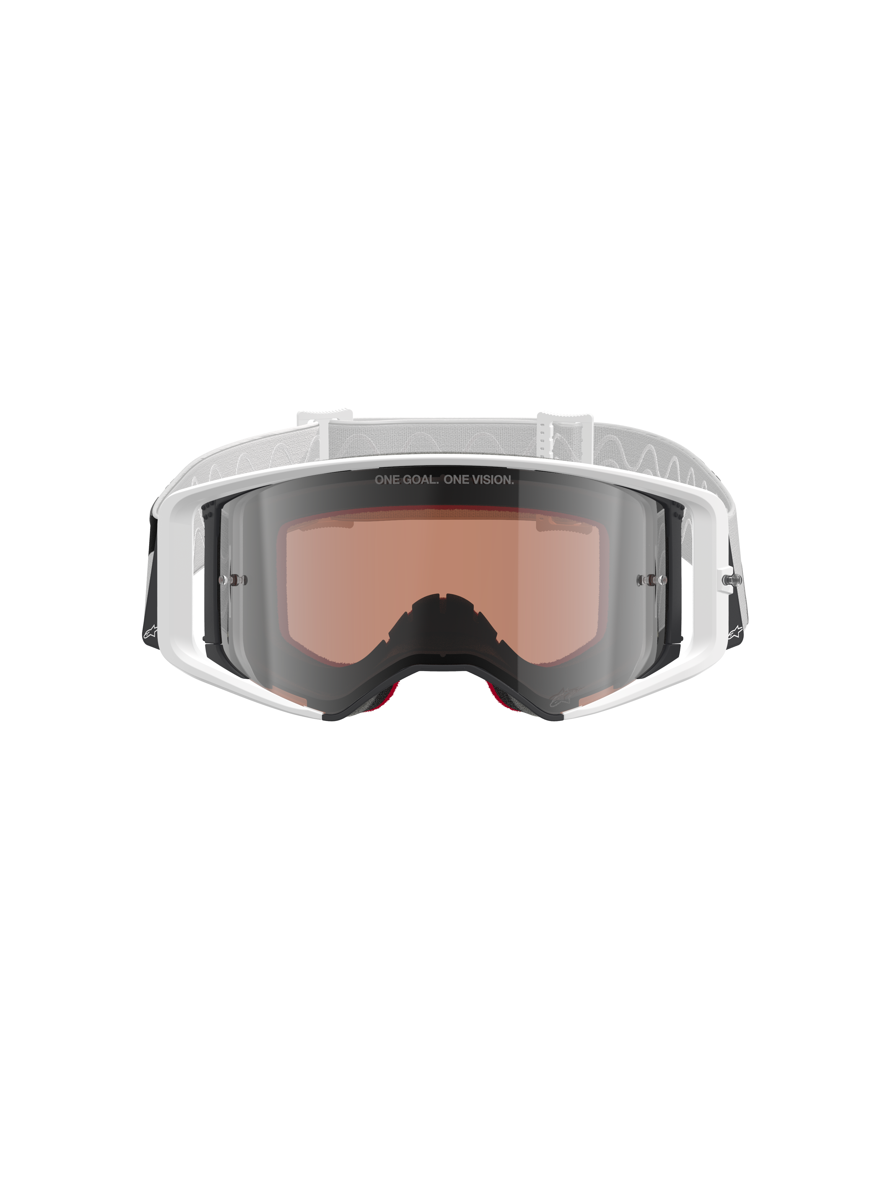 Gafas Alpinestars Supertech Corp Absolute Vision, gafas de motocross, blanco y plata espejo, vista frontal con montura blanca y lente plateada de espejo con el texto "ONE GOAL. ONE VISION.", correa blanca ajustable con el logo de Alpinestars, protección ocular de alto rendimiento para carreras off-road