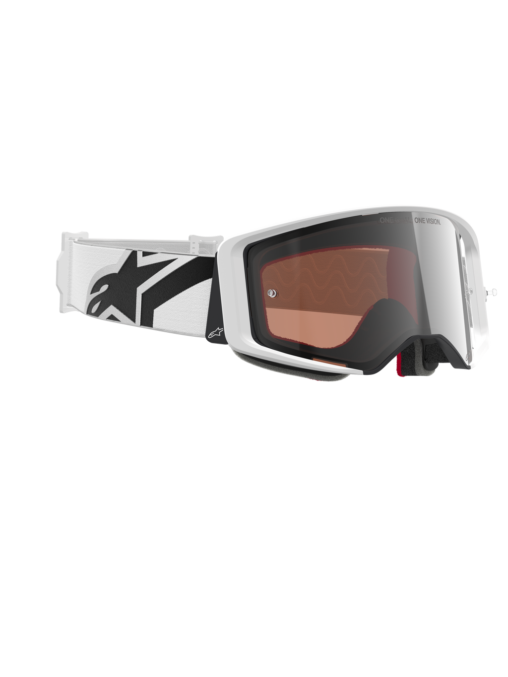 Gafas Alpinestars Supertech Corp Absolute Vision, gafas de motocross, blanco y plata espejo, con montura blanca y lente plateada reflectante, correa blanca ancha y ajustable con un llamativo logotipo de estrella en negro, gafas profesionales para carreras off-road