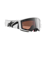 Gafas Alpinestars Supertech Corp Absolute Vision, gafas de motocross, blanco y plata espejo, con montura blanca y lente plateada reflectante, correa blanca ancha y ajustable con un llamativo logotipo de estrella en negro, gafas profesionales para carreras off-road