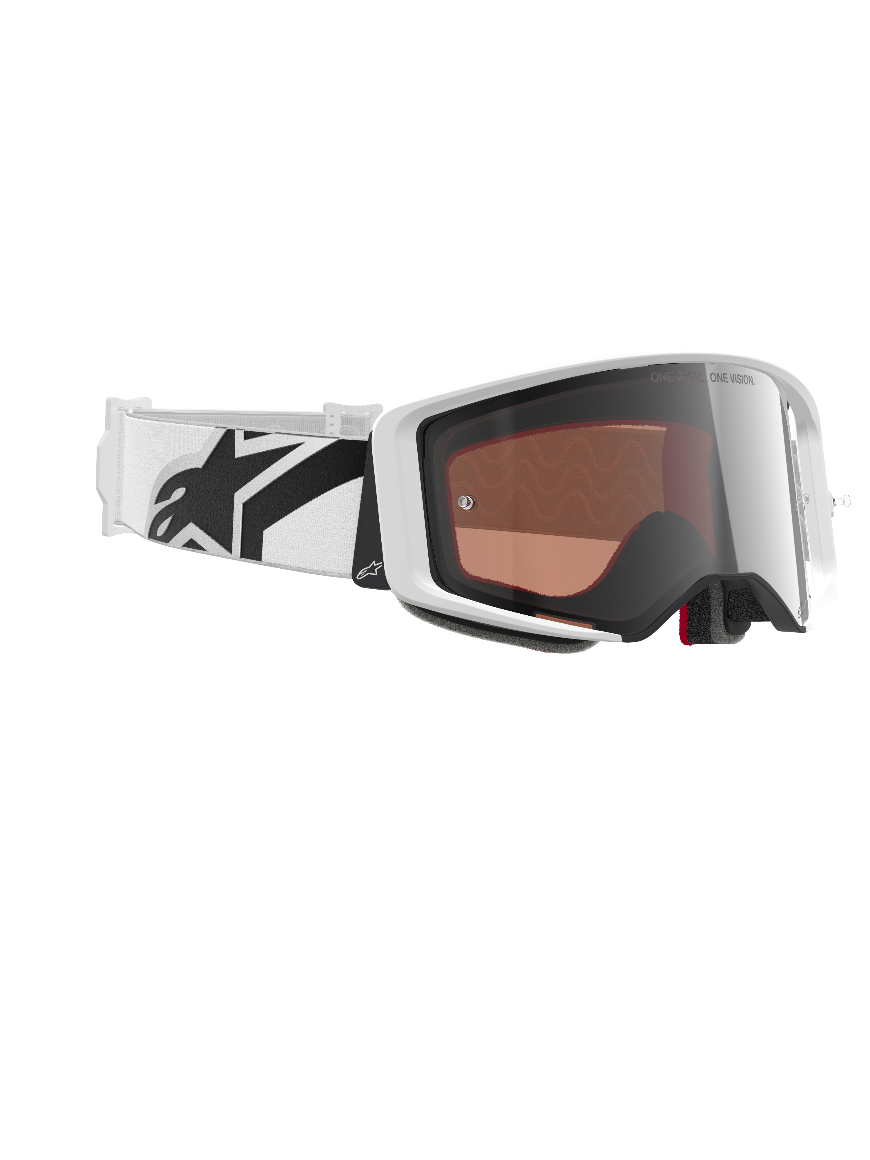 Gafas Alpinestars Supertech Corp Absolute Vision, gafas de motocross, blanco y plata espejo, con montura blanca y lente plateada reflectante, correa blanca ancha y ajustable con un llamativo logotipo de estrella en negro, gafas profesionales para carreras off-road