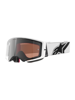 Alpinestars Supertech Corp Goggles Absolute Vision, Motocross Goggles, White frame with Silver Mirror lens, wide white adjustable strap featuring a large black Alpinestars star logo, high-performance protective eyewear for off-road racing
