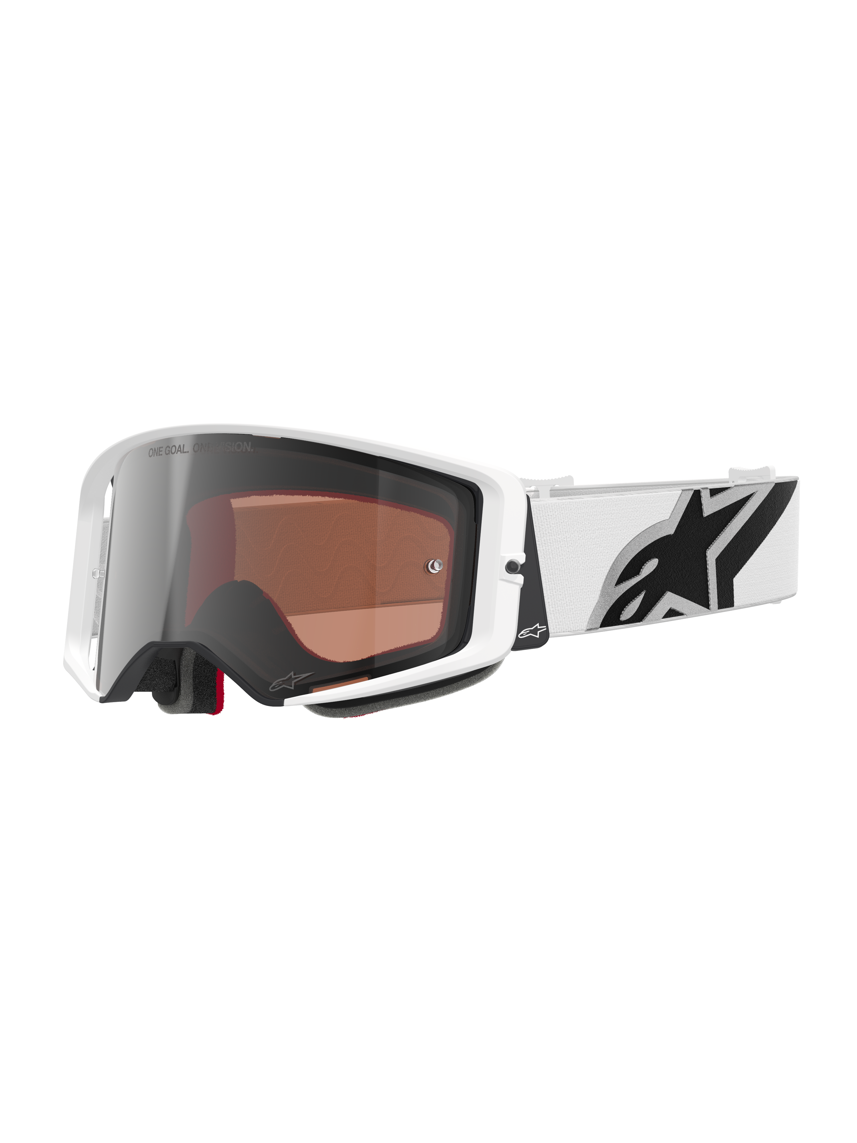 Alpinestars Supertech Corp Goggles Absolute Vision, gafas de motocross, montura blanca con lente de espejo plateado, correa blanca ancha y ajustable con un gran logotipo de estrella de Alpinestars en negro, equipo de protección de alto rendimiento para carreras todoterreno