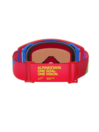 Alpinestars Supertech Corp Goggles Absolute Vision, Rear view, Red and blue frame, Red elastic strap with yellow 'One Goal. One Vision.' text, Multi-layer black face foam, High-performance motocross goggles