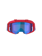Alpinestars Supertech Corp Goggles Absolute Vision, Motocross Goggles, Red and Blue with Mirror Blue lens, featuring a bold red frame with blue accents, patterned red strap, and 'ONE GOAL... ONE VISION.' text on the lens.