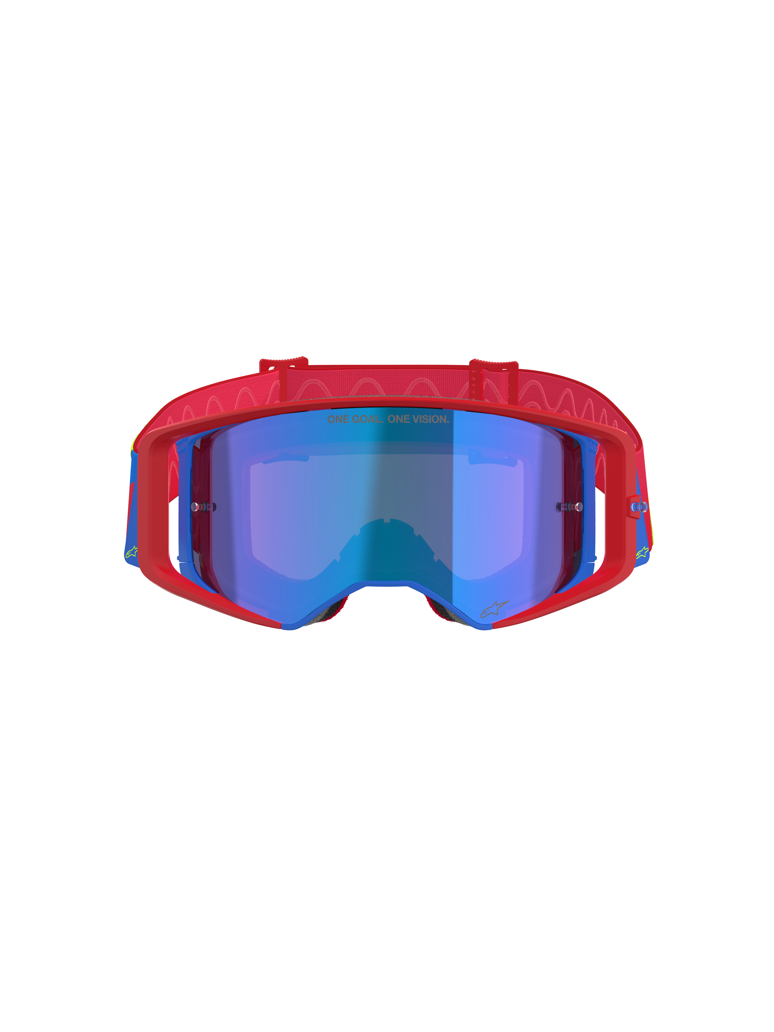 Alpinestars Supertech Corp Goggles Absolute Vision, Motocross Goggles, Red and Blue with Mirror Blue lens, featuring a bold red frame with blue accents, patterned red strap, and 'ONE GOAL... ONE VISION.' text on the lens.