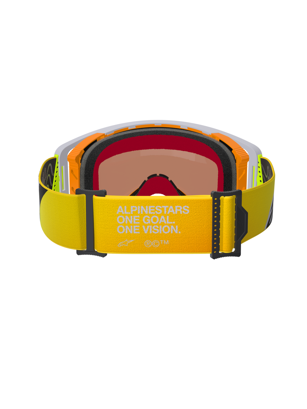 Gafas Alpinestars Supertech Corp Absolute Vision, vista trasera, correa amarillo flúor con el eslogan "ALPINESTARS ONE GOAL. ONE VISION.", montura naranja y gris con espuma facial negra de varias capas, lente de espejo con tinte cálido, gafas de motocross de alto rendimiento