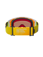 Gafas Alpinestars Supertech Corp Absolute Vision, vista trasera, correa amarillo flúor con el eslogan "ALPINESTARS ONE GOAL. ONE VISION.", montura naranja y gris con espuma facial negra de varias capas, lente de espejo con tinte cálido, gafas de motocross de alto rendimiento